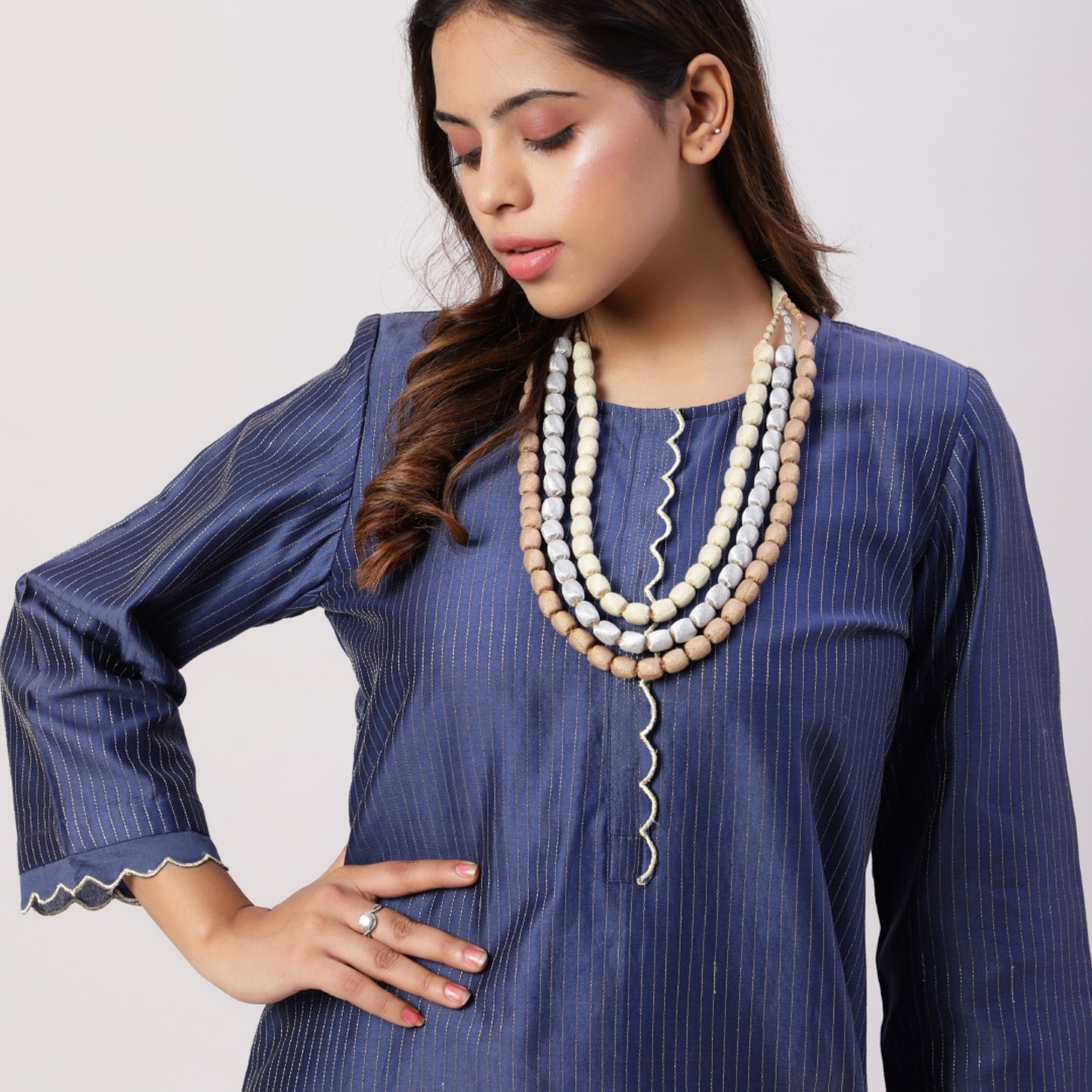 Chanderi kurta with gold zari lines and scallop edges