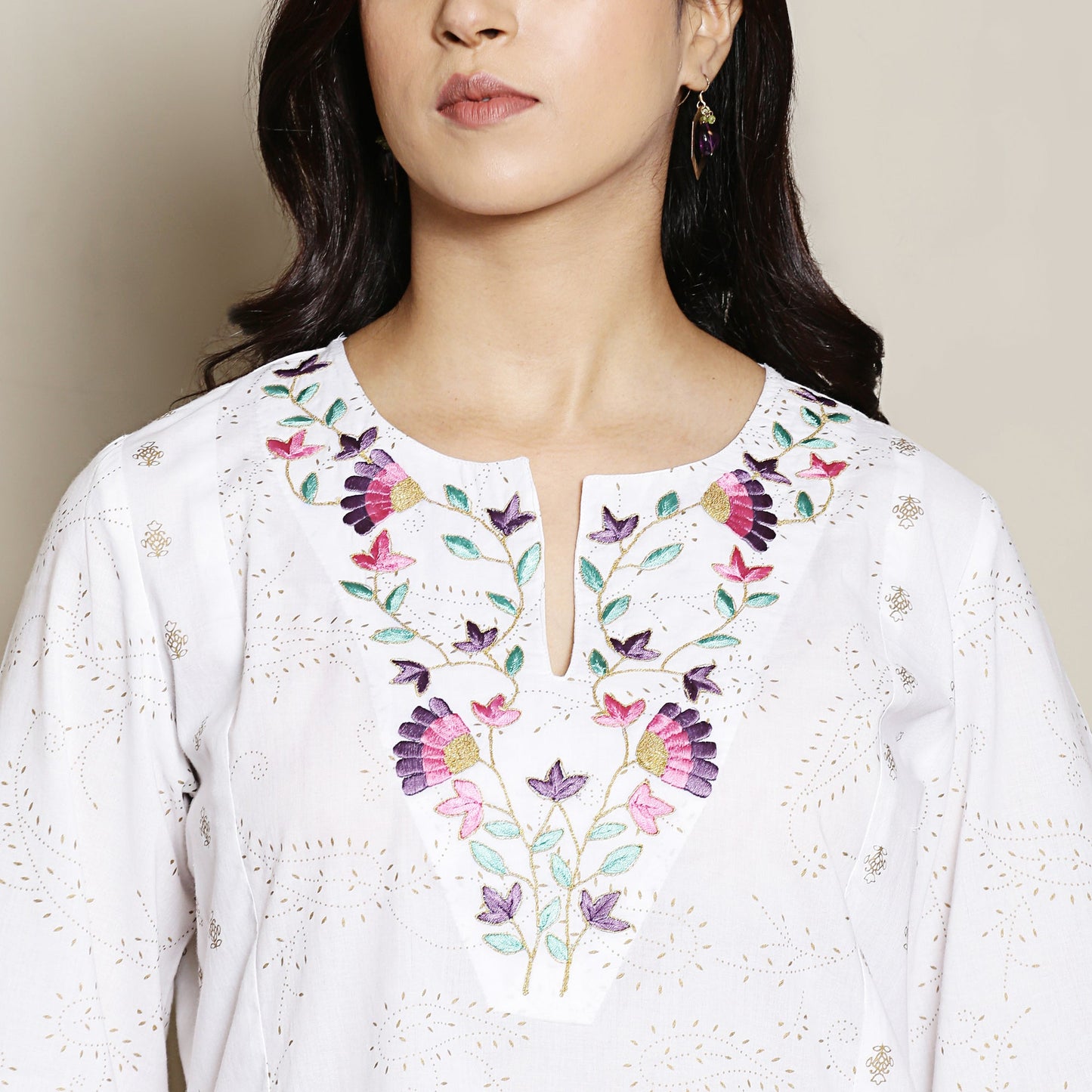 white printed kurta with neck embroidery
