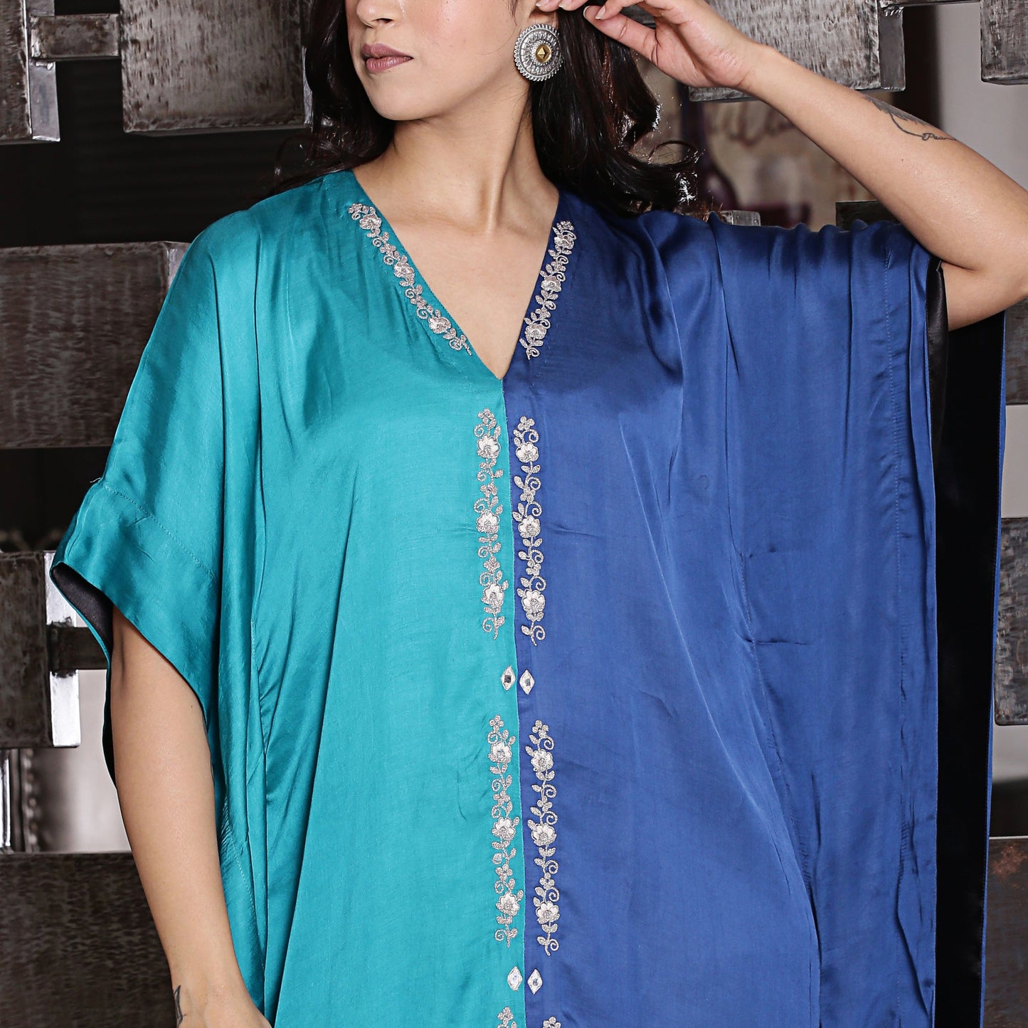 Half & half Modal silk kaftan with dori work embroidery