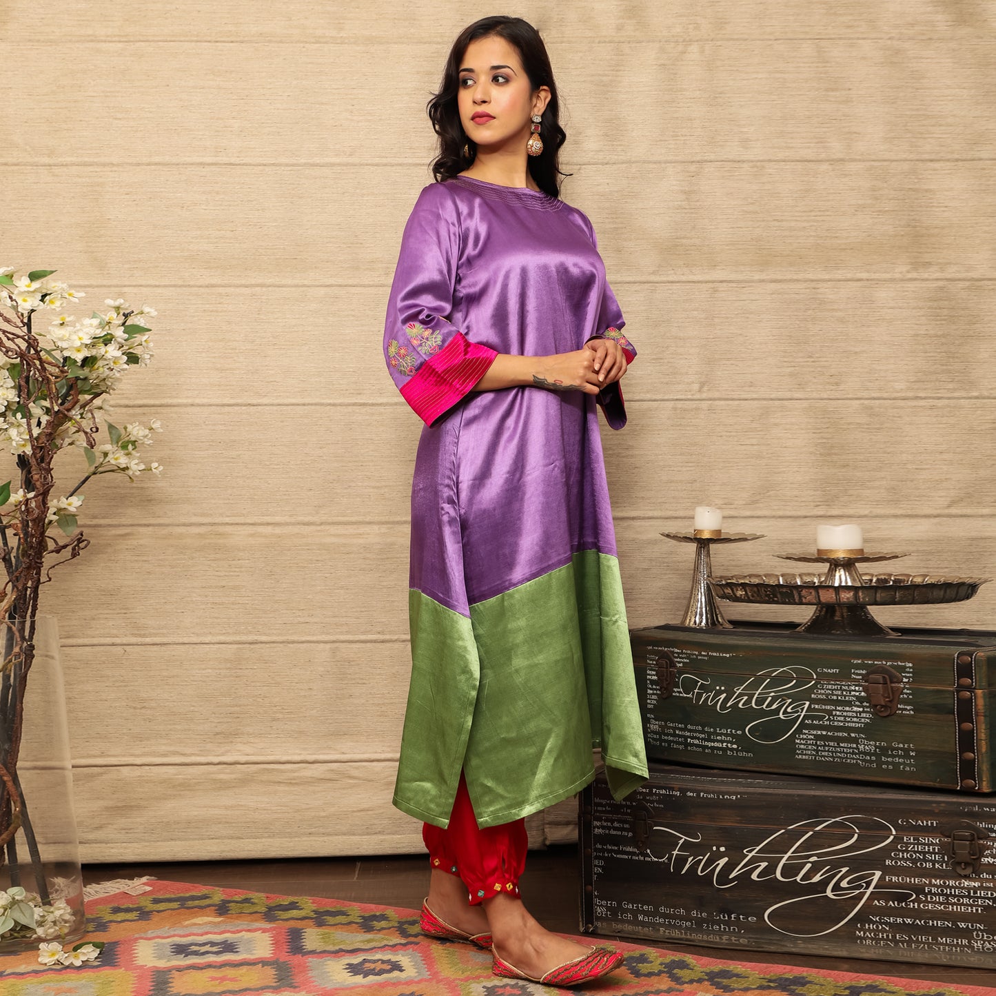 Colour block mashru silk asymmetric kurta