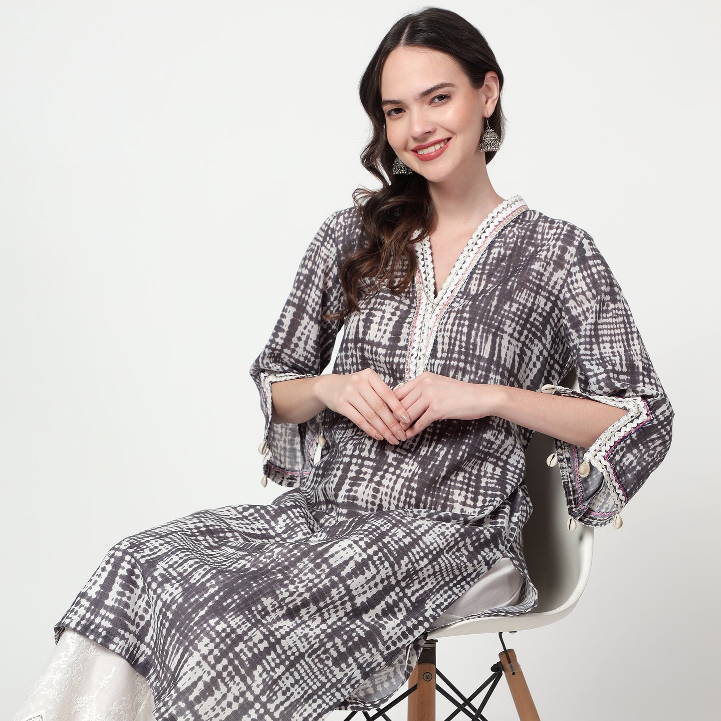 Grey Printed lace detailing kurta