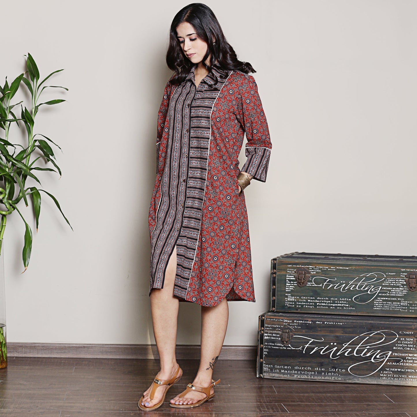 Cotton maroon shirt dress