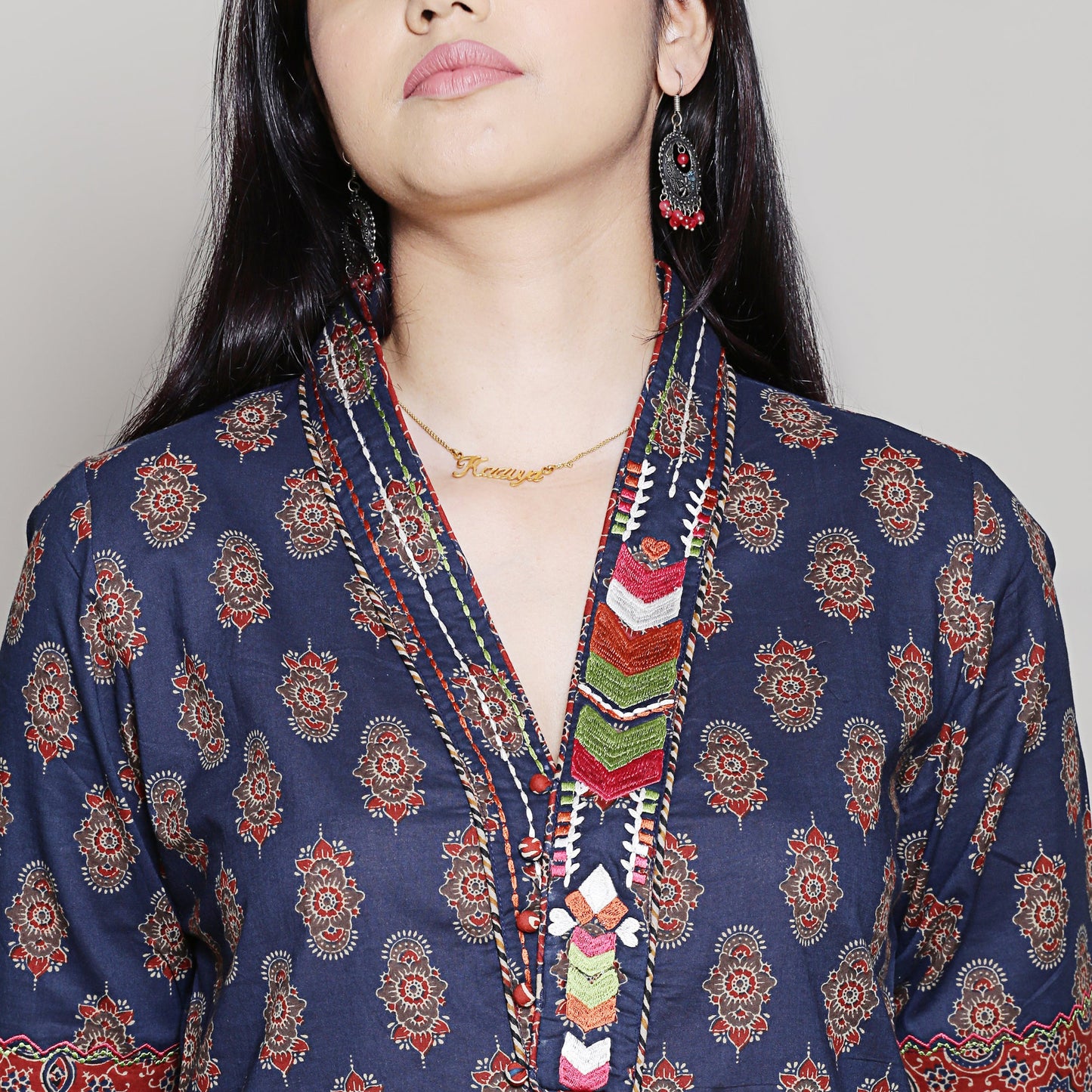 Block printed navy blue embroidered kurta set with dhoti pants