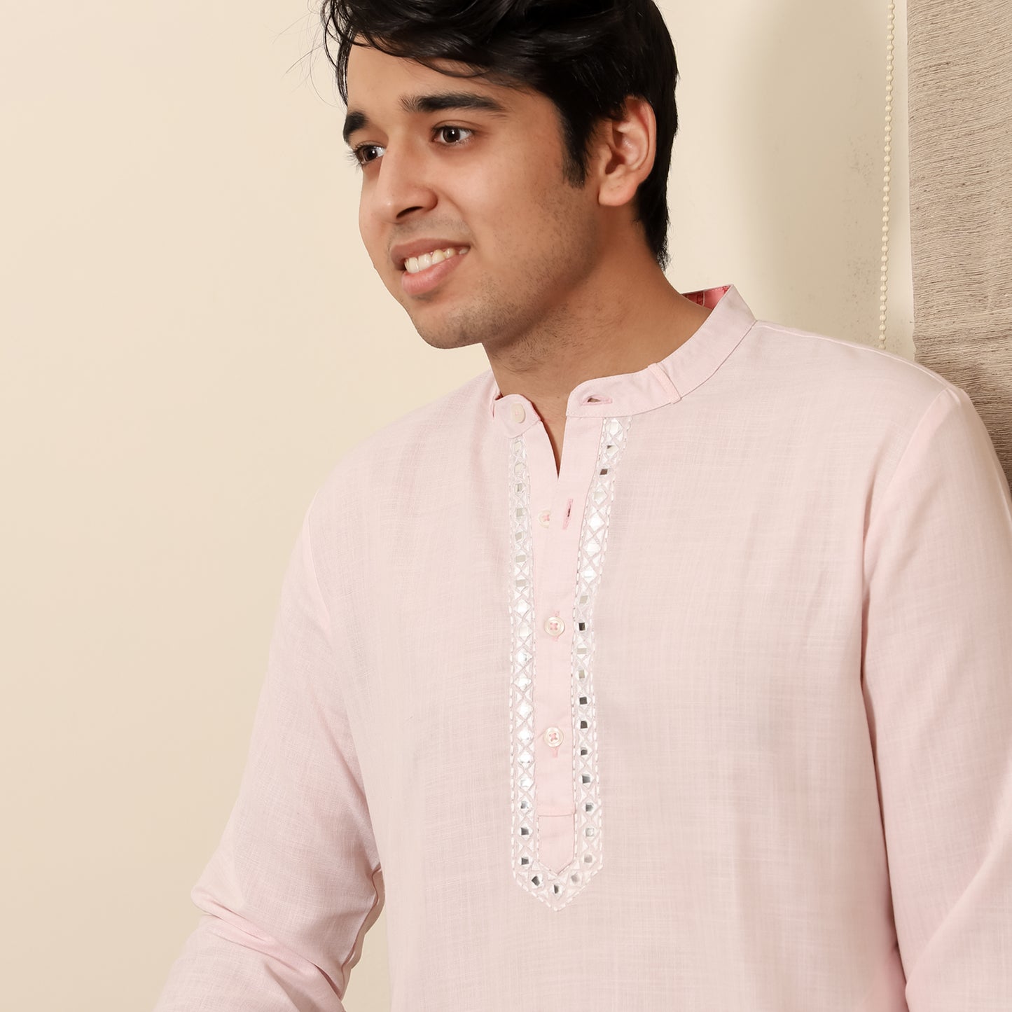 pink men's band collar cotton blend kurta