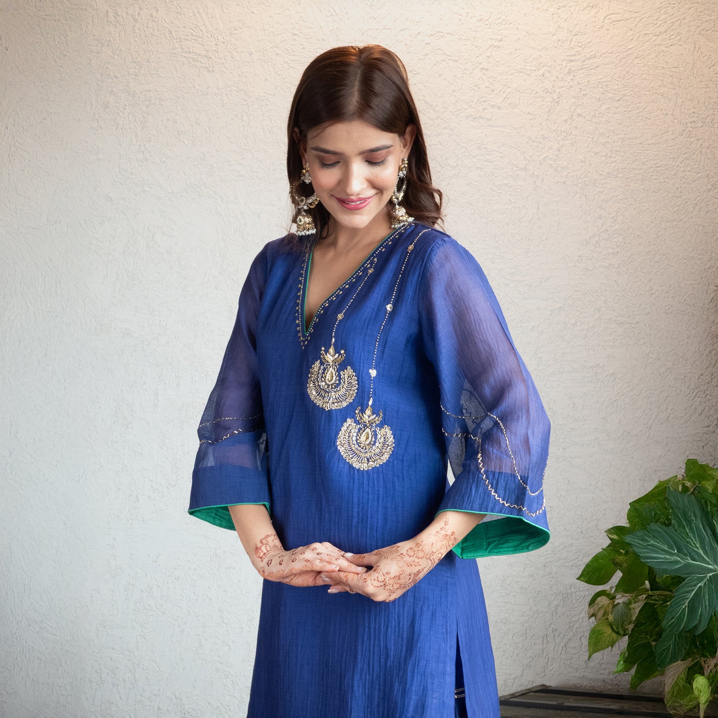 Blue Chanderi Sharara Set with Hand embroidered Moitfs with Dupatta