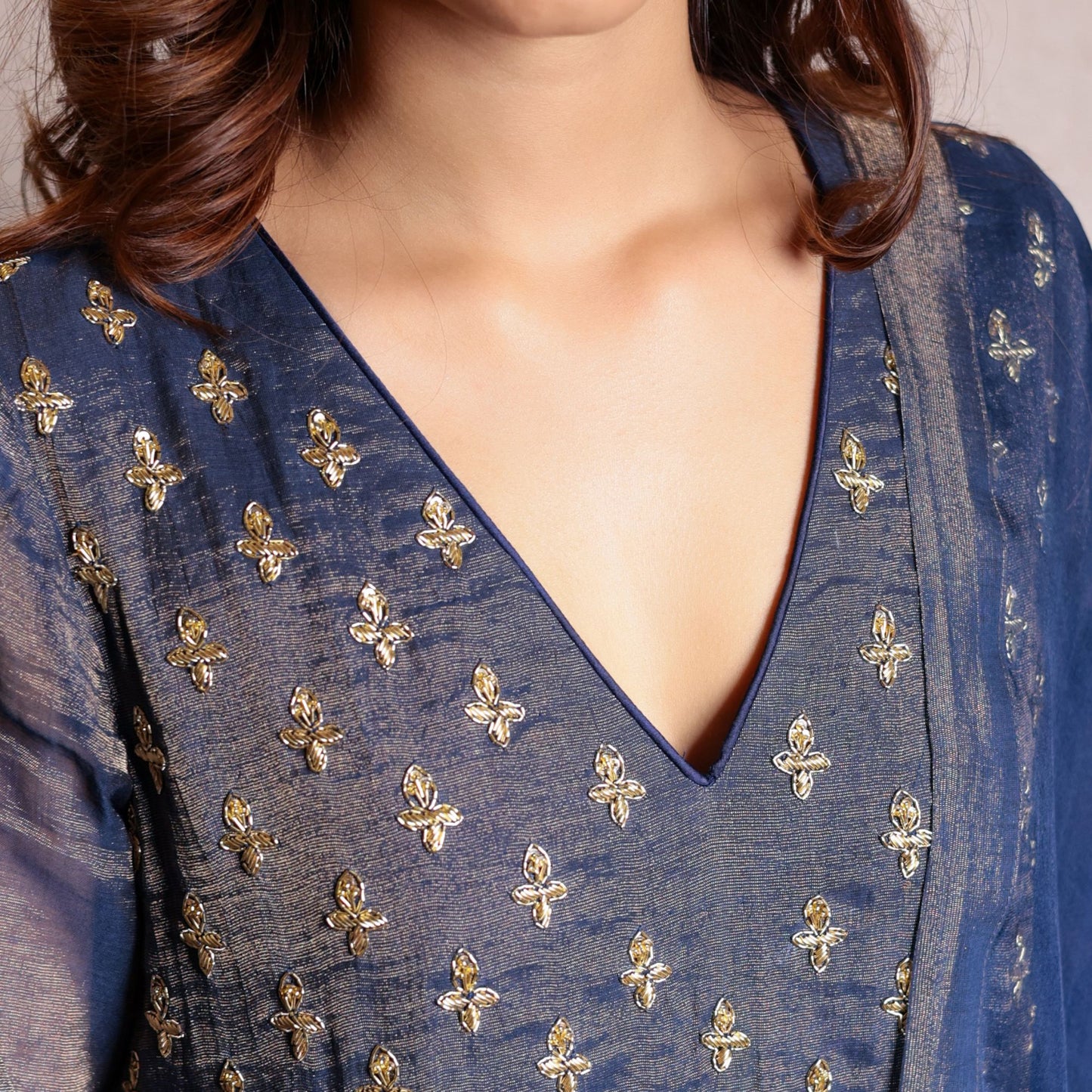 Navy Blue chanderi hand embroidered V-neck kurta set with dupatta