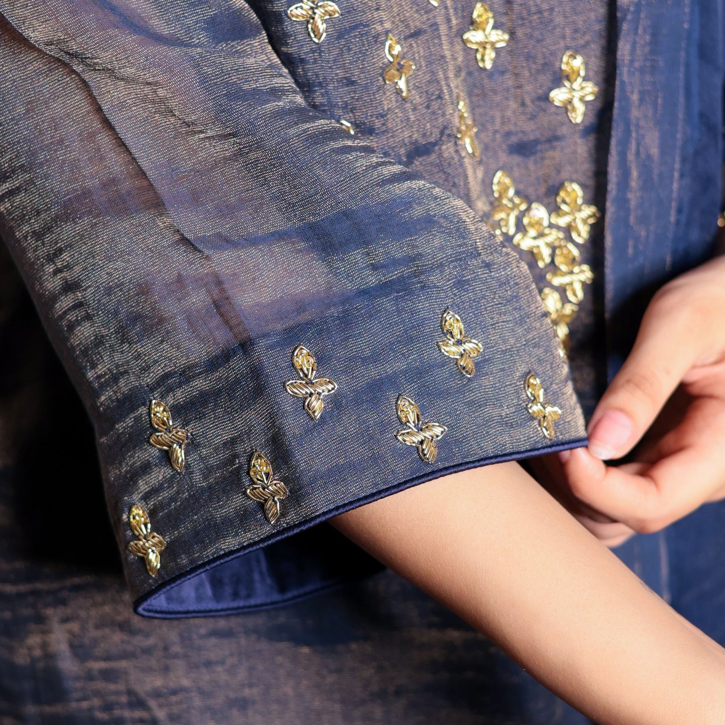 Navy Blue chanderi hand embroidered V-neck kurta set with dupatta