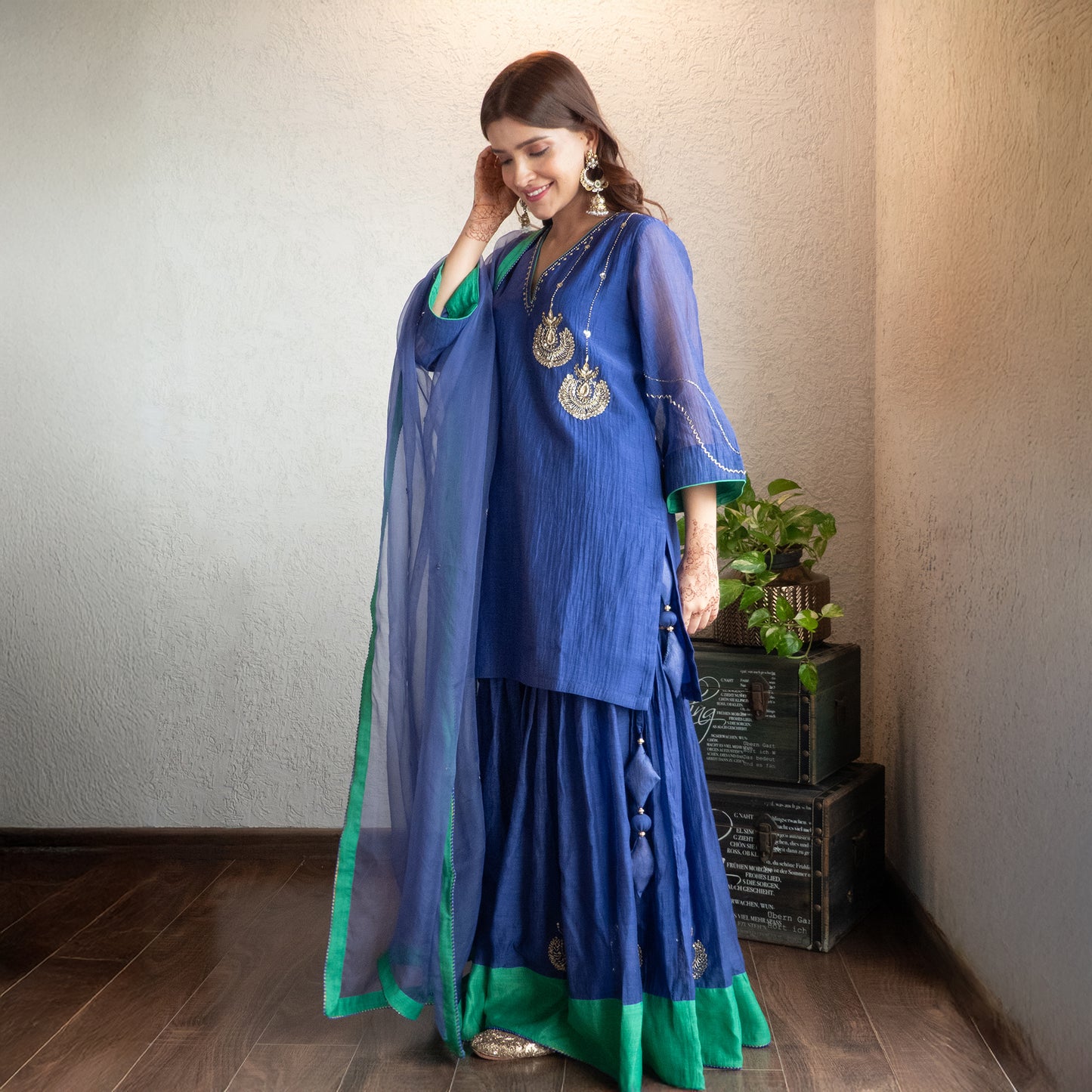 Blue Chanderi Sharara Set with Hand embroidered Moitfs with Dupatta