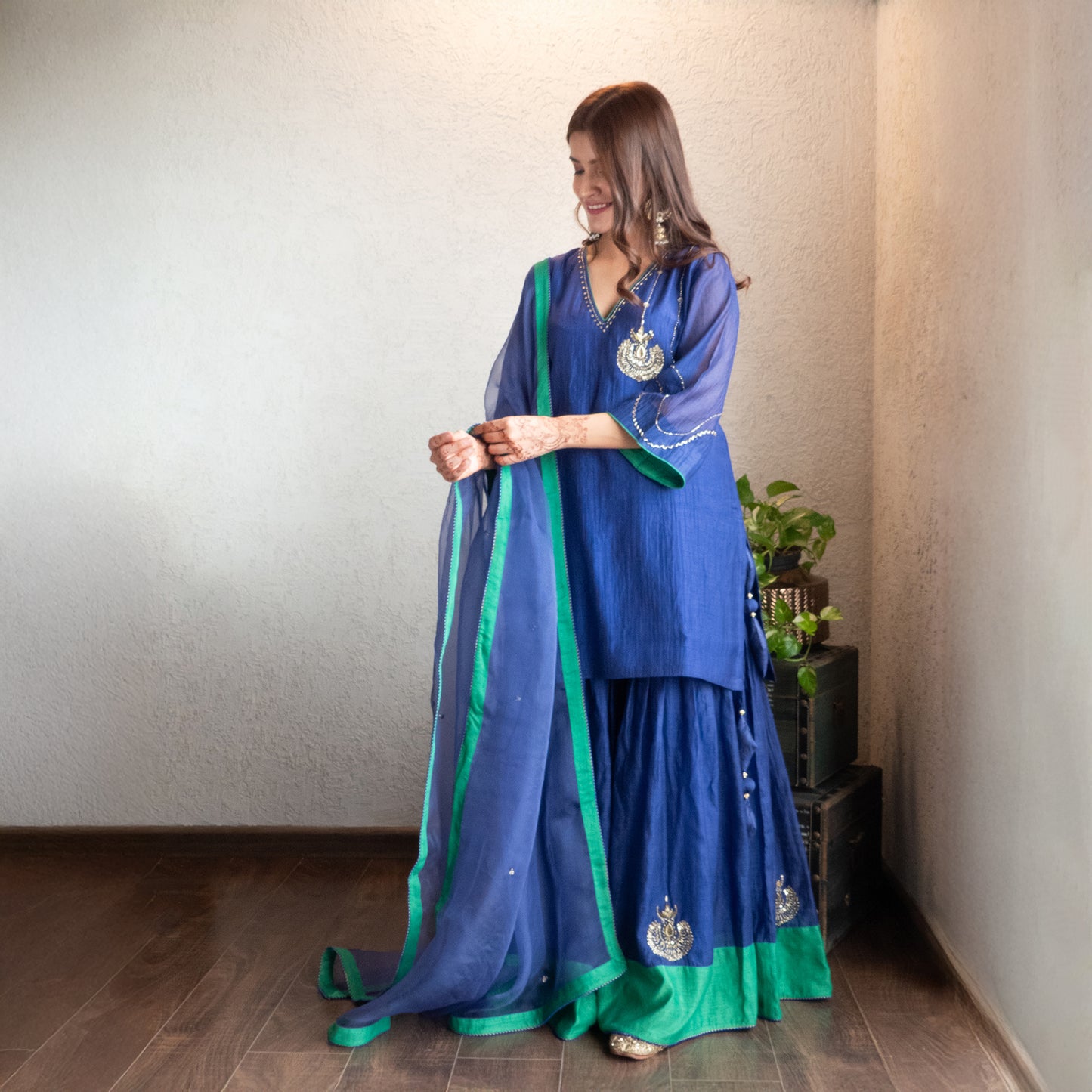 Blue Chanderi Sharara Set with Hand embroidered Moitfs with Dupatta
