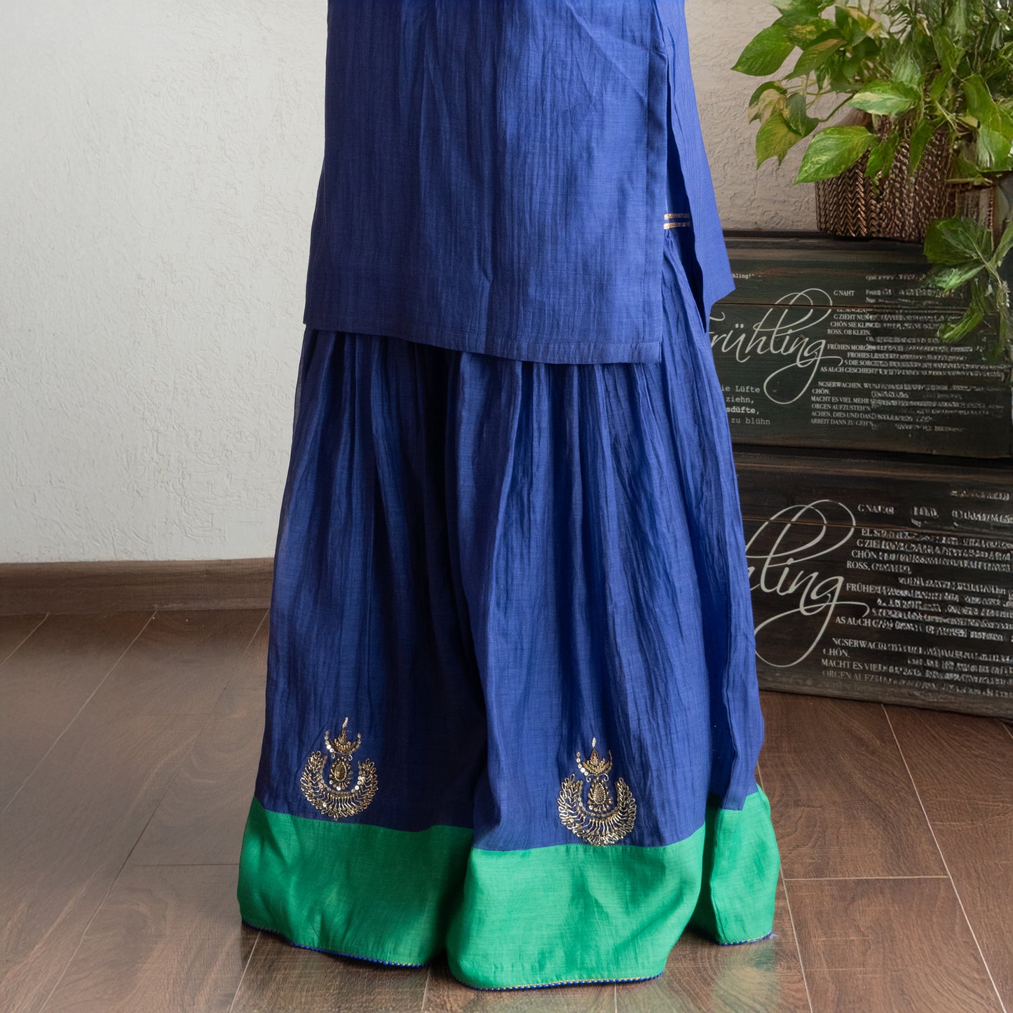Blue Chanderi Sharara Set with Hand embroidered Moitfs