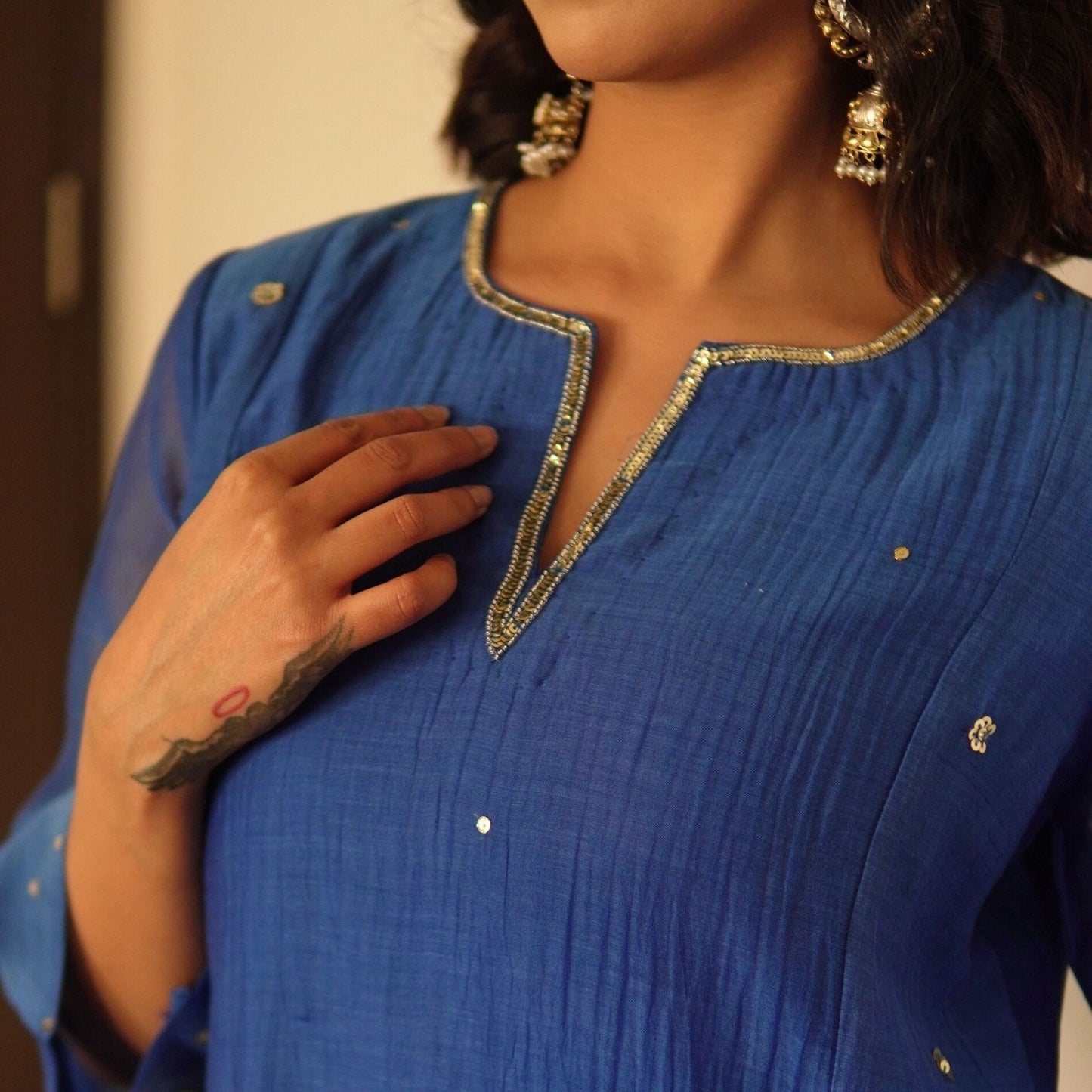 Blue Sequin-Embellished Chanderi Kurta set