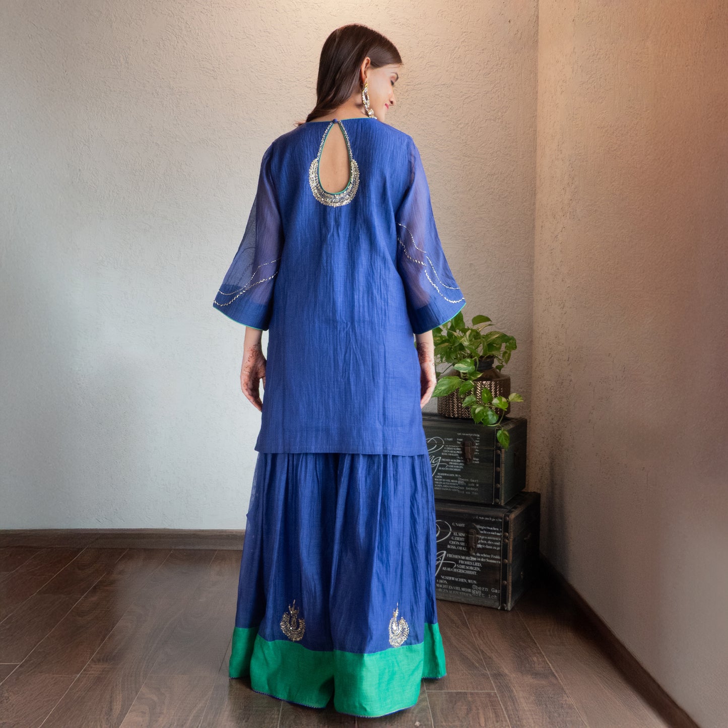 Blue Chanderi Sharara Set with Hand embroidered Moitfs