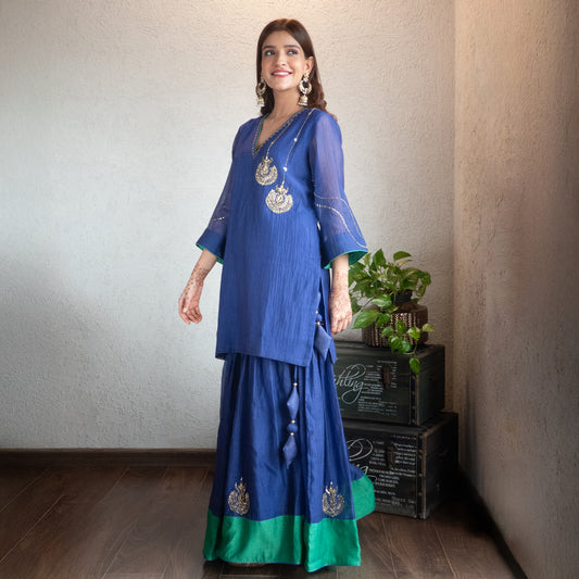 Blue Chanderi Sharara Set with Hand embroidered Moitfs