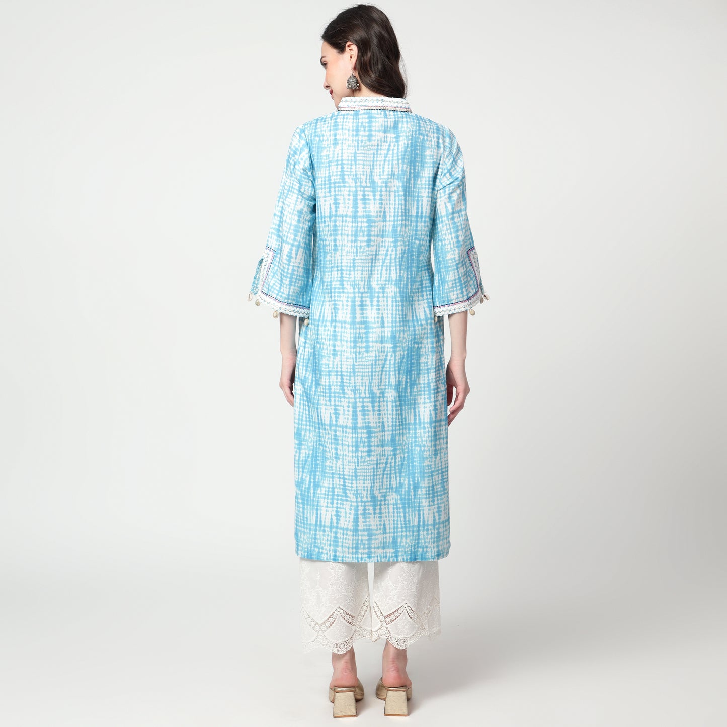 Blue Printed lace detailing kurta
