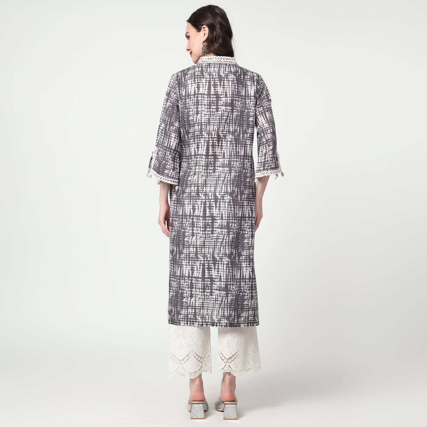 Grey Printed lace detailing kurta