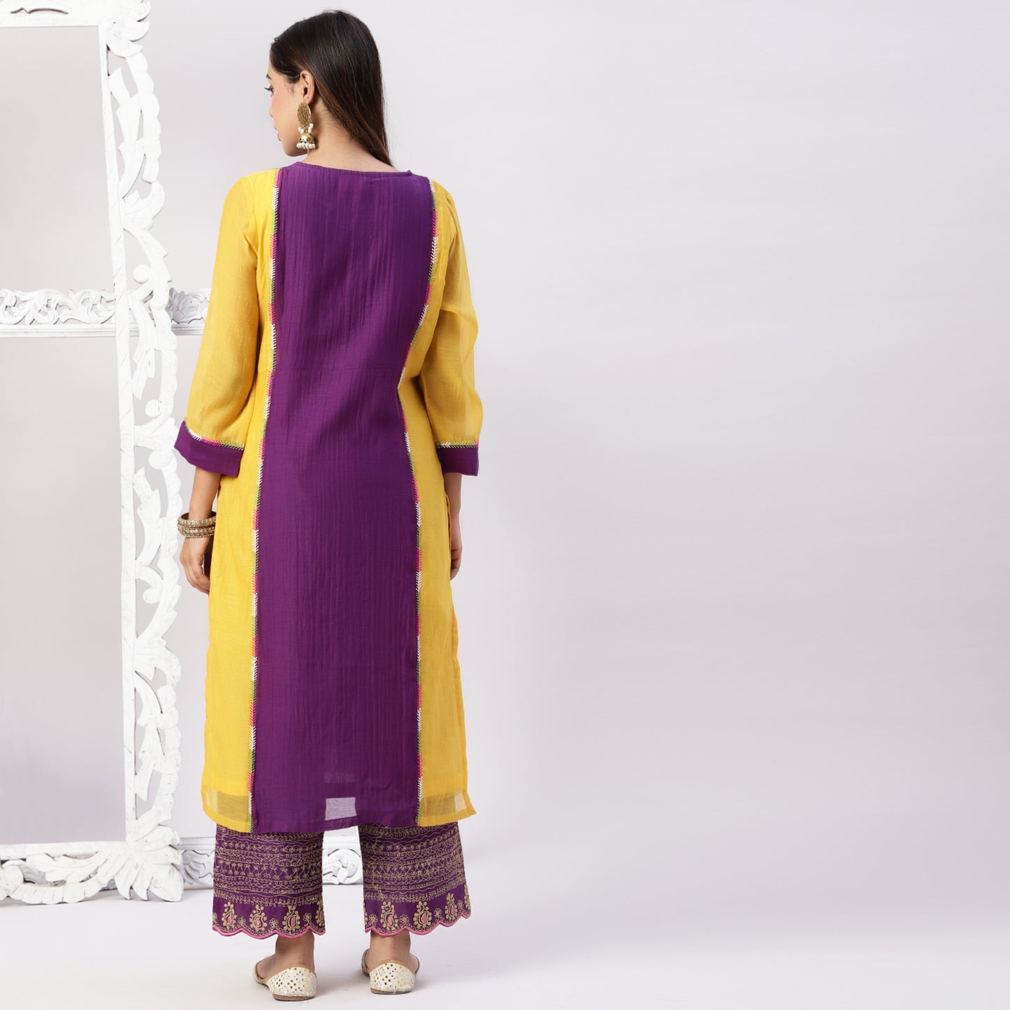 Chanderi color block kurta with embroidery