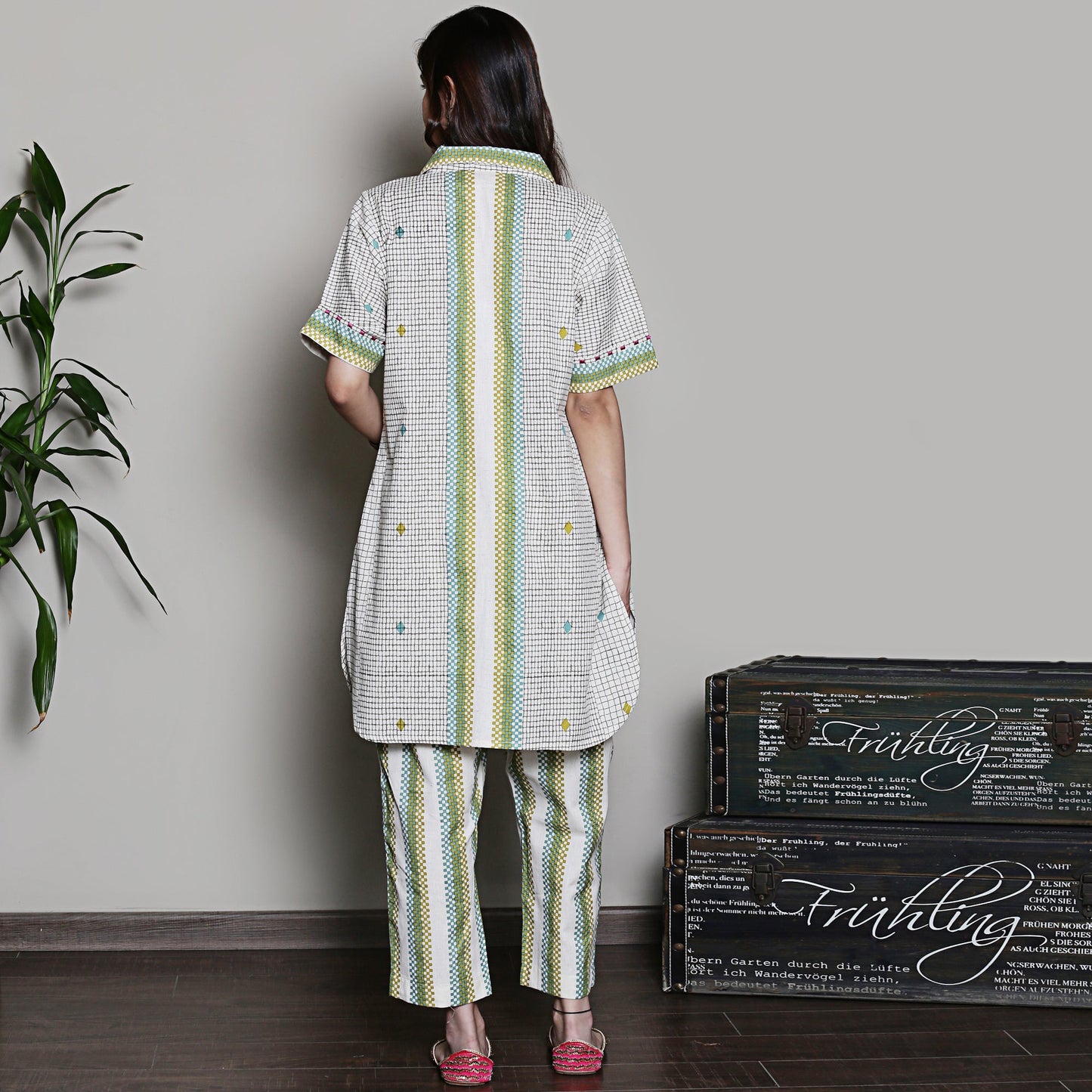 Multi color geometric printed co-ord set with embroidery