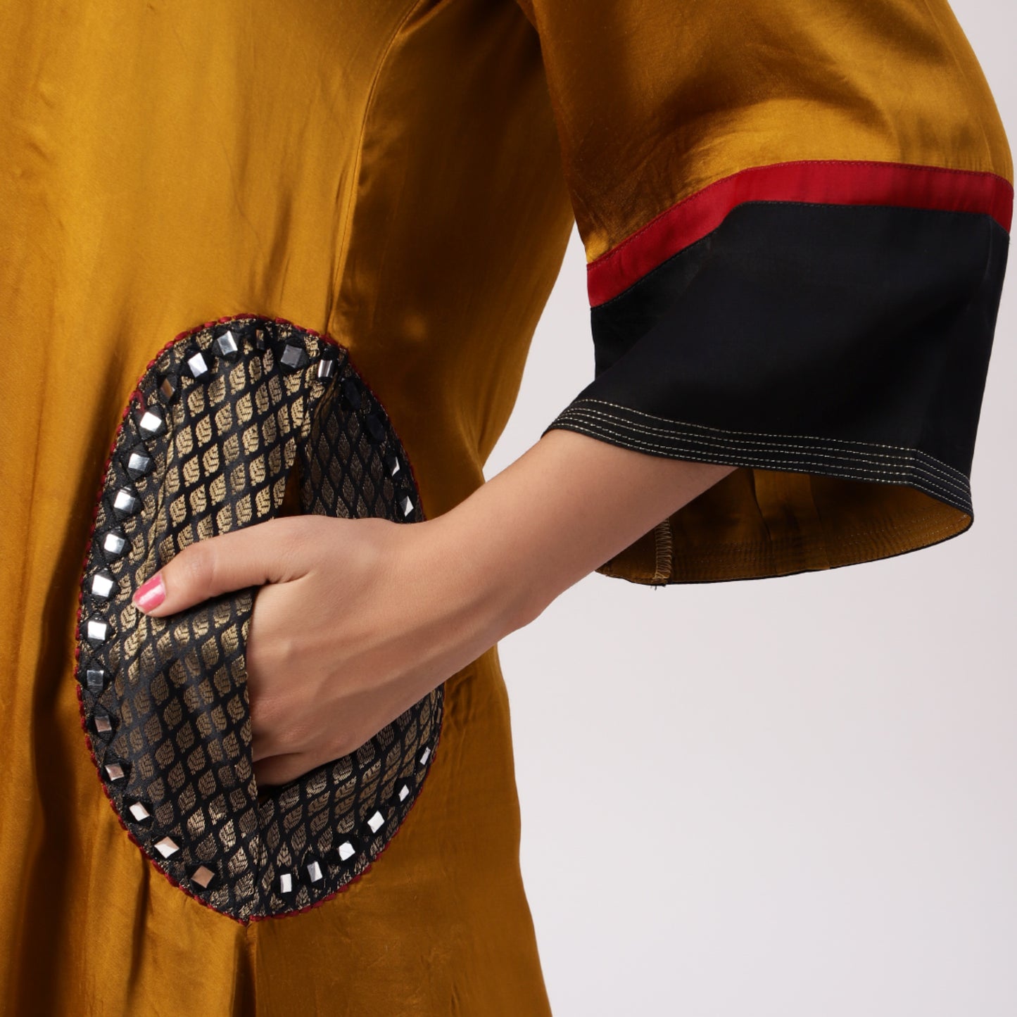 Modal silk color block kurta with brocade pockets