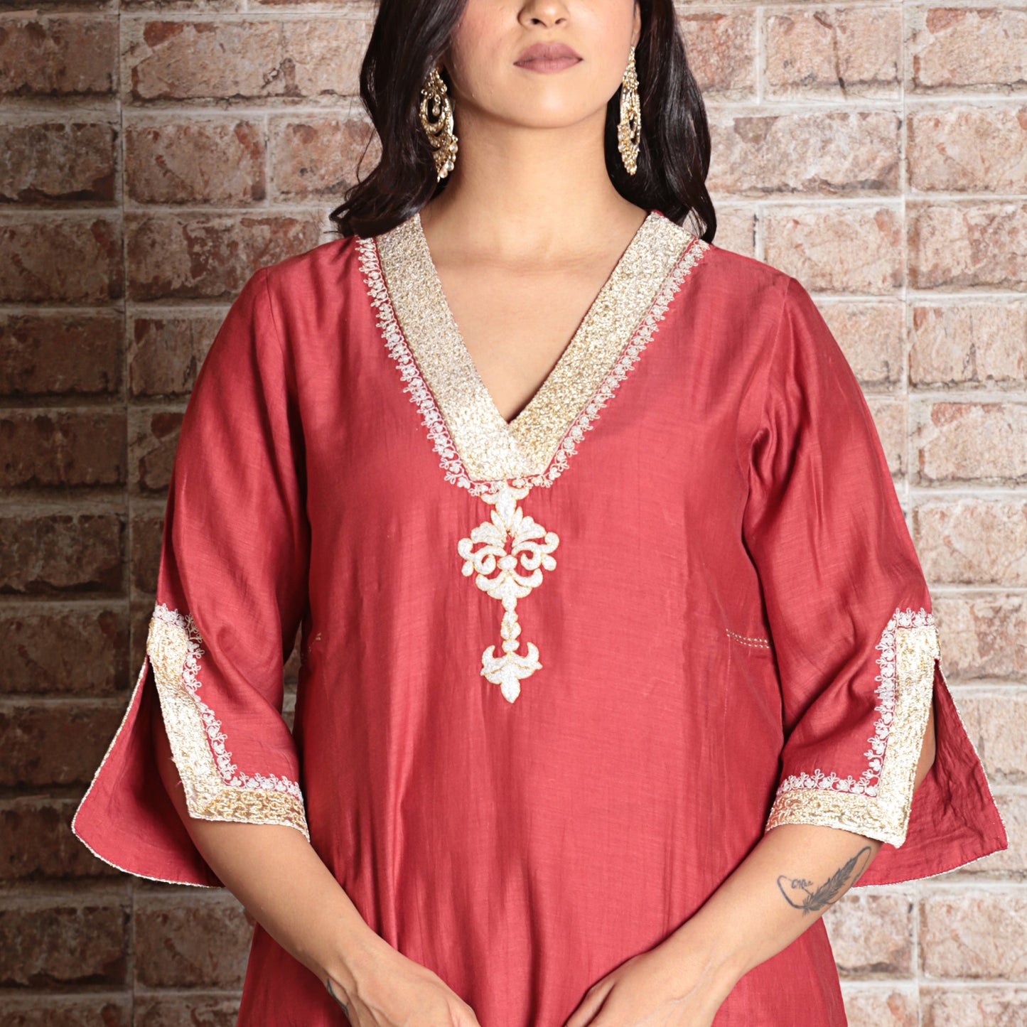 brick red chanderi A-line embroidered kurta set with dupatta