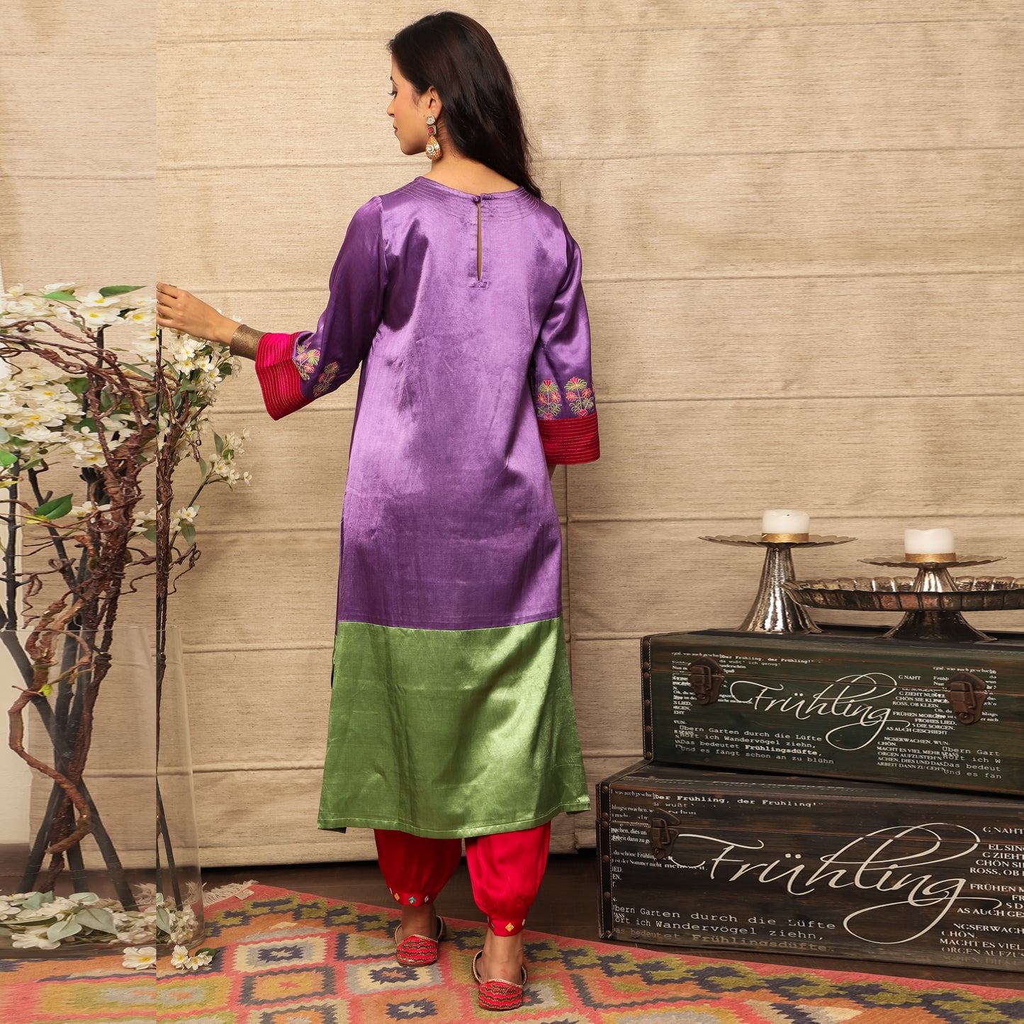 Colour block mashru silk asymmetric kurta