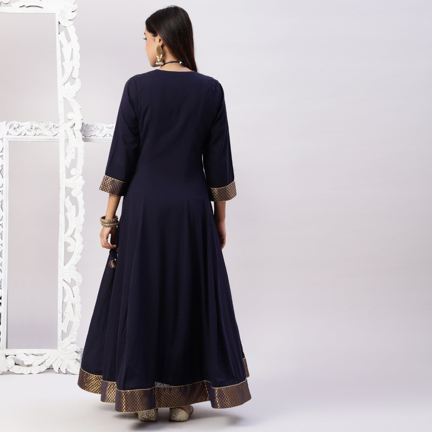 Cotton mulmul floor length full ghera anarkali with brocade and zari detailing