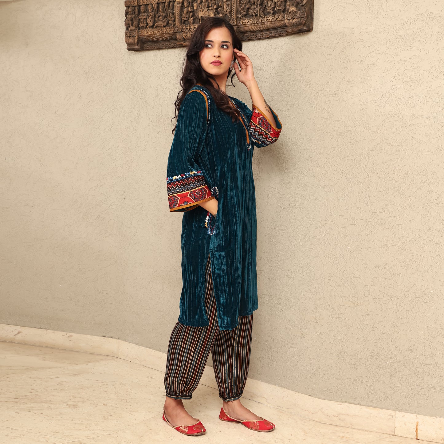 Teal Crushed Velvet Embroidered Kurta Set with Stripe Modal Silk Harem Pants