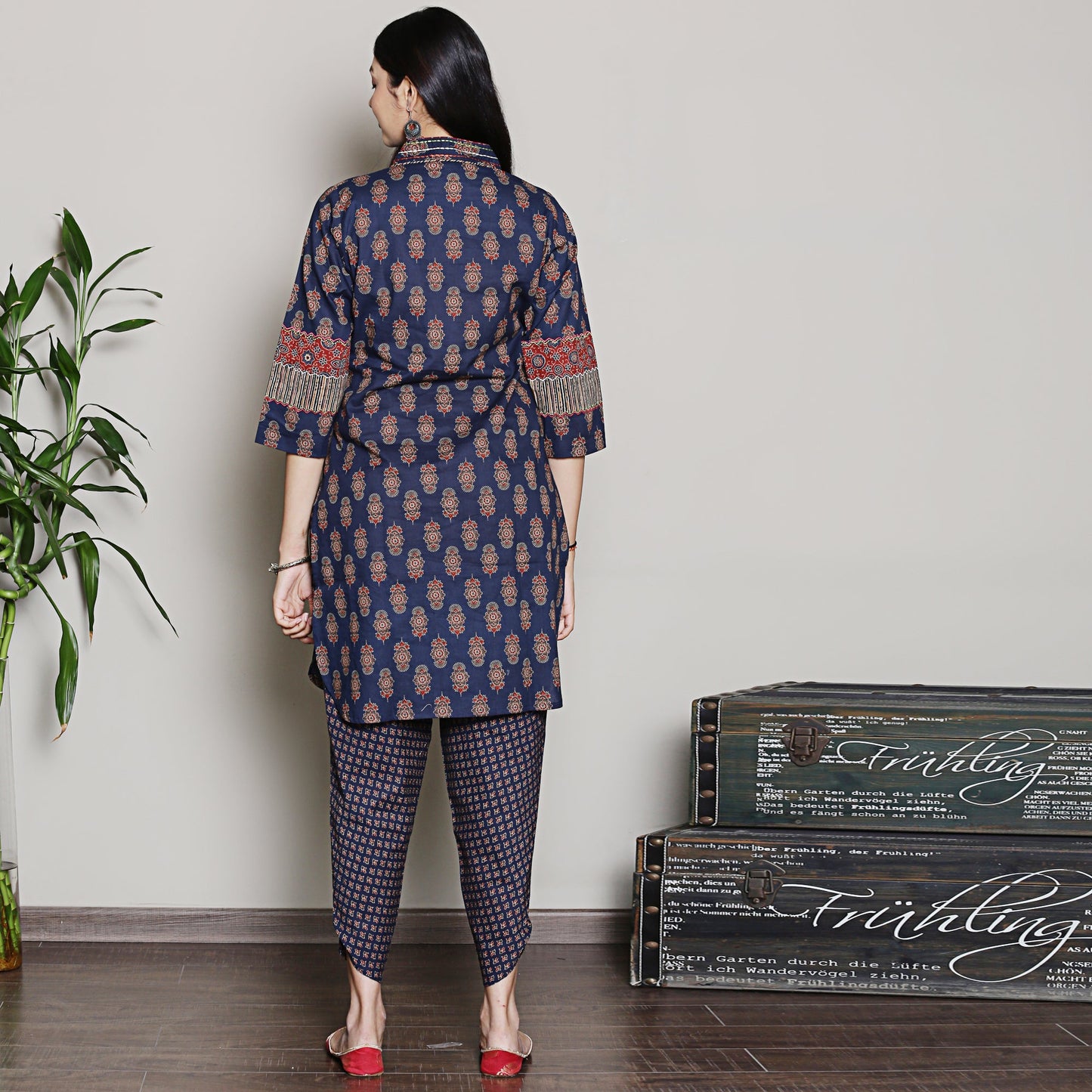 Block printed navy blue embroidered kurta set with dhoti pants