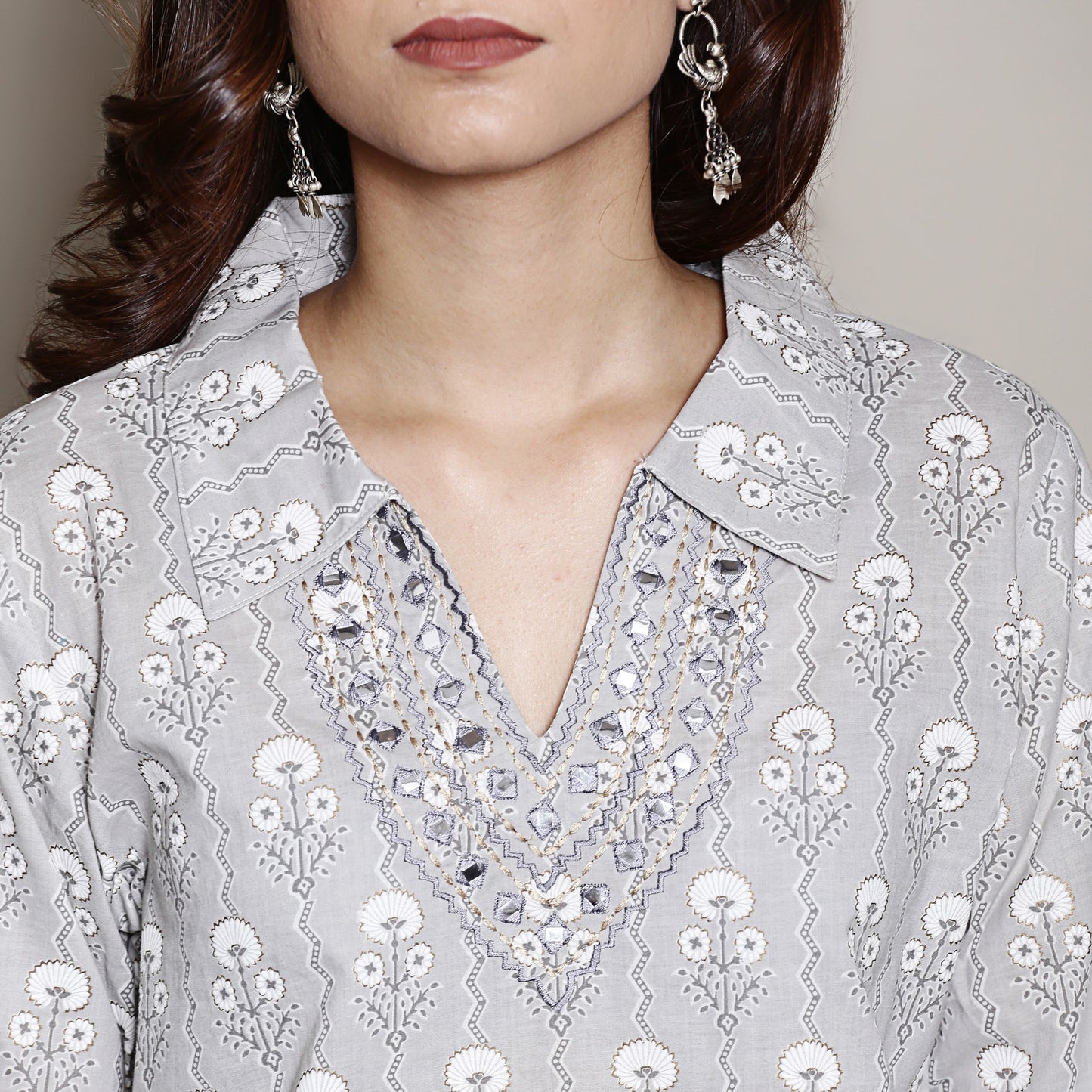 Block printed grey co-ord set with neck embroidery