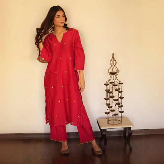 Red Chanderi hand embroidered kurta set