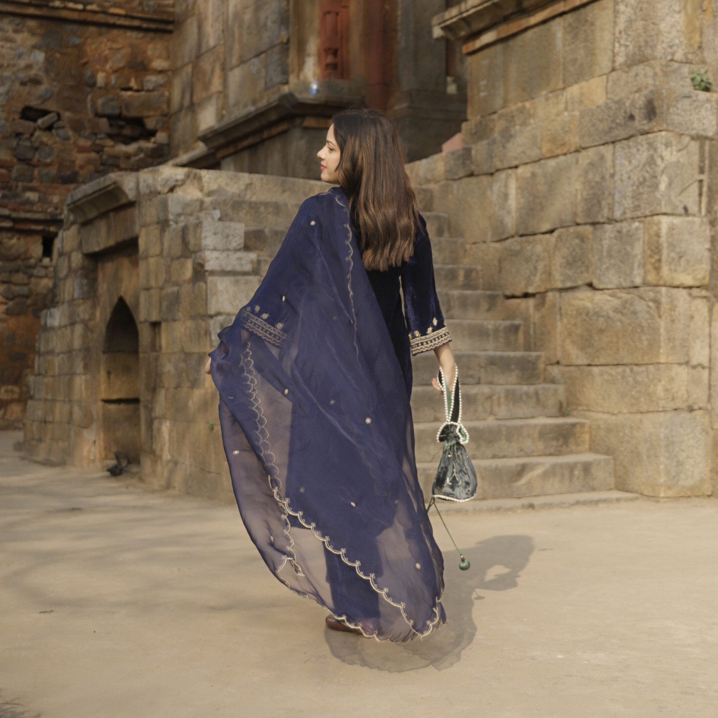 Navy Blue Velvet Embroidered Kurta set with dupatta