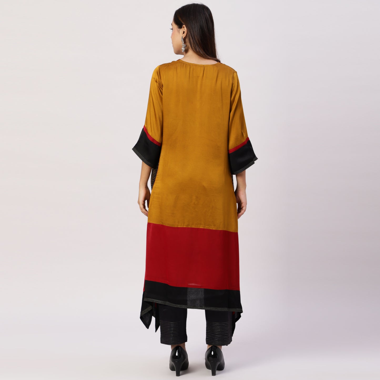 Modal silk color block kurta with brocade pockets