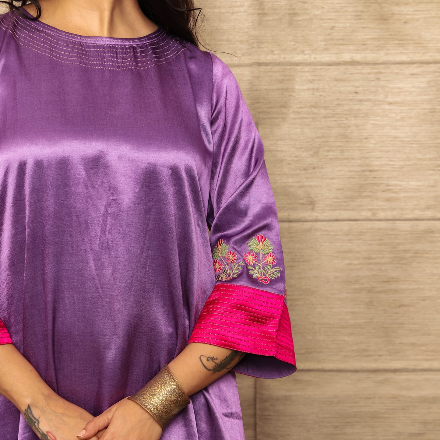 Colour block mashru silk asymmetric kurta