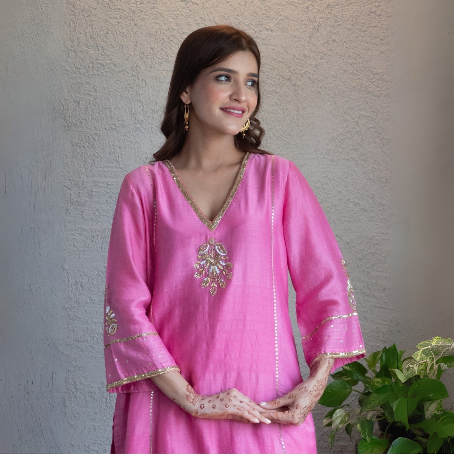 Pink embroidered kurta set with pants and dupatta