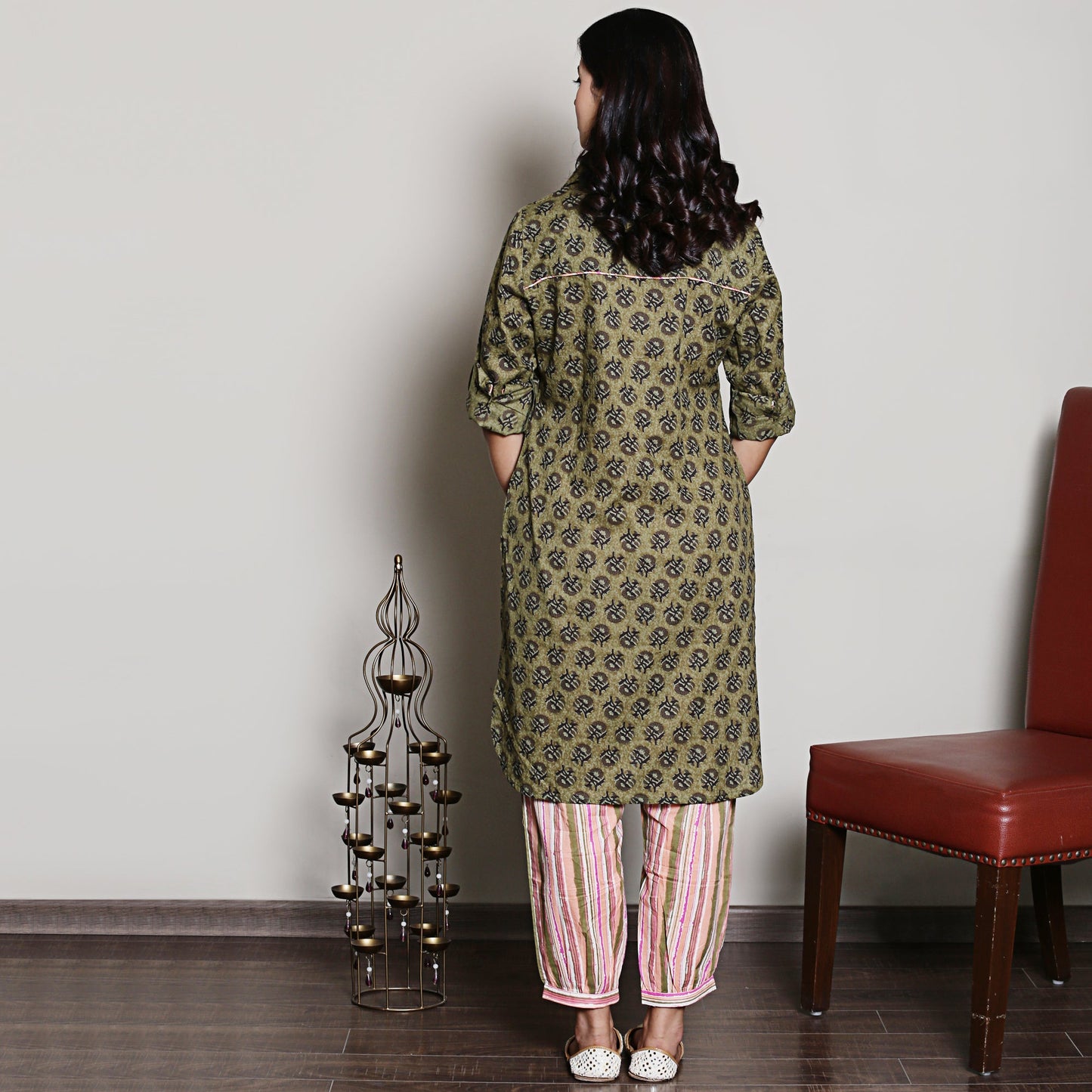 Block printed olive green co-ord set with embroidery and collar detailing