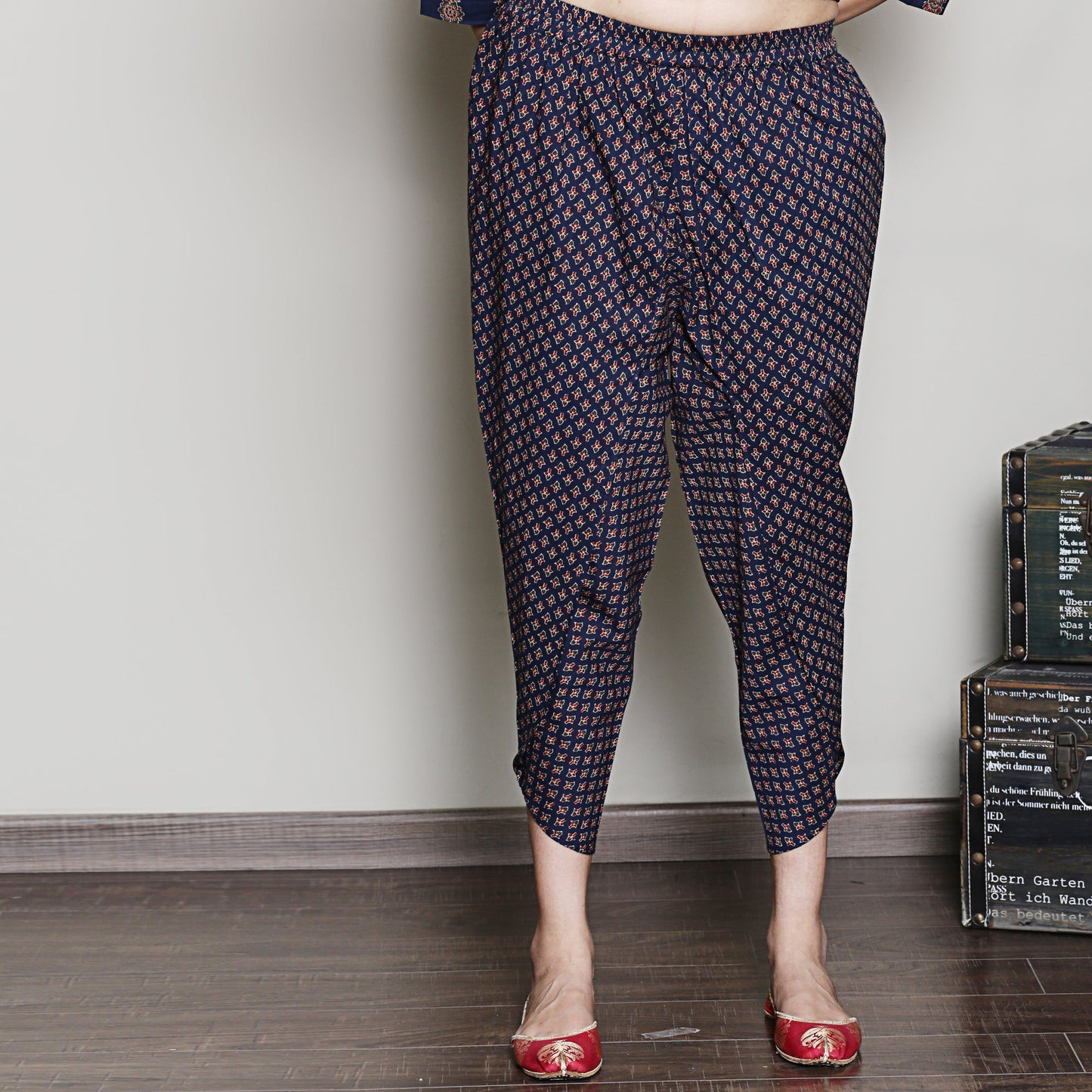 Block printed navy blue embroidered kurta set with dhoti pants