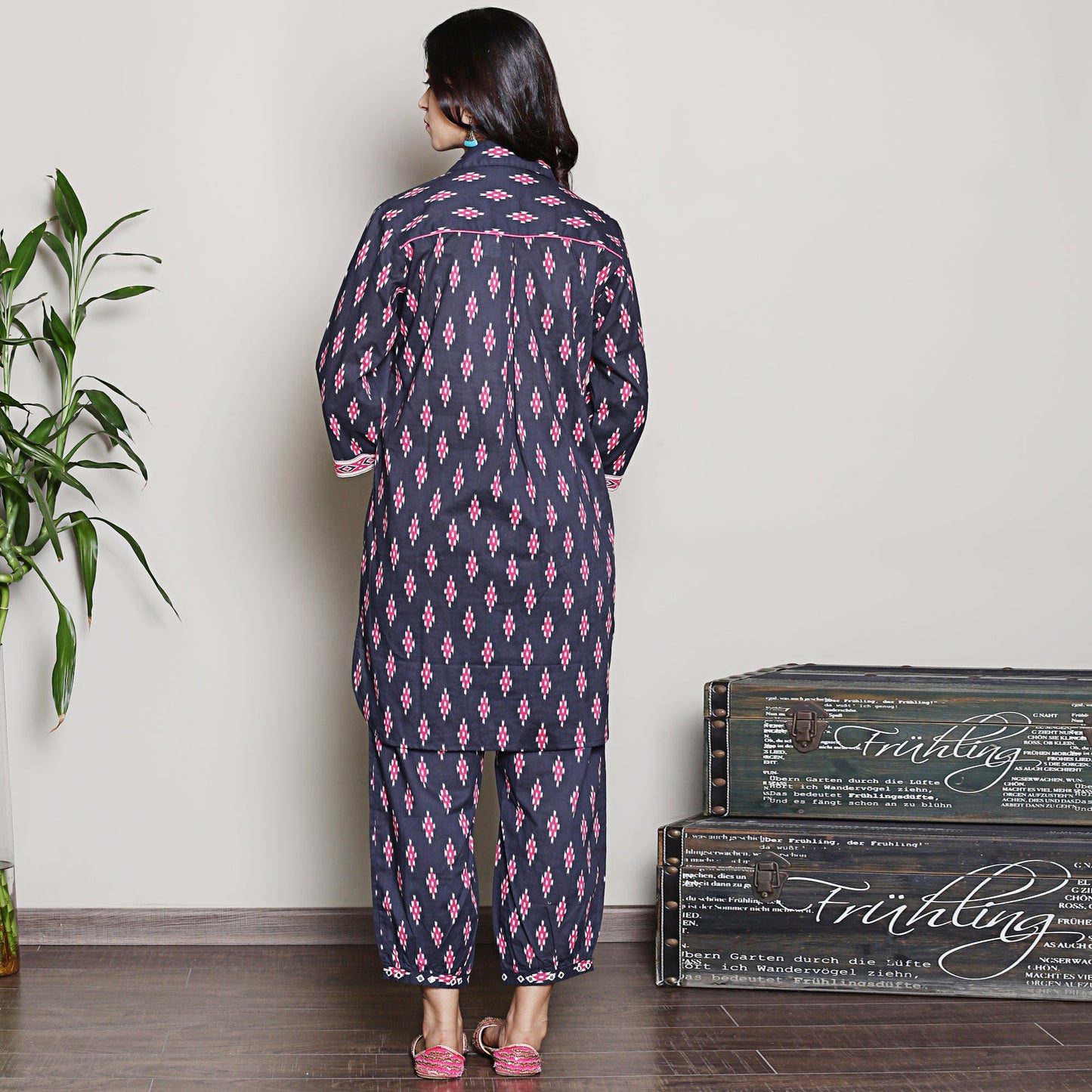 Block Printed navy blue kurta with yoke detailing