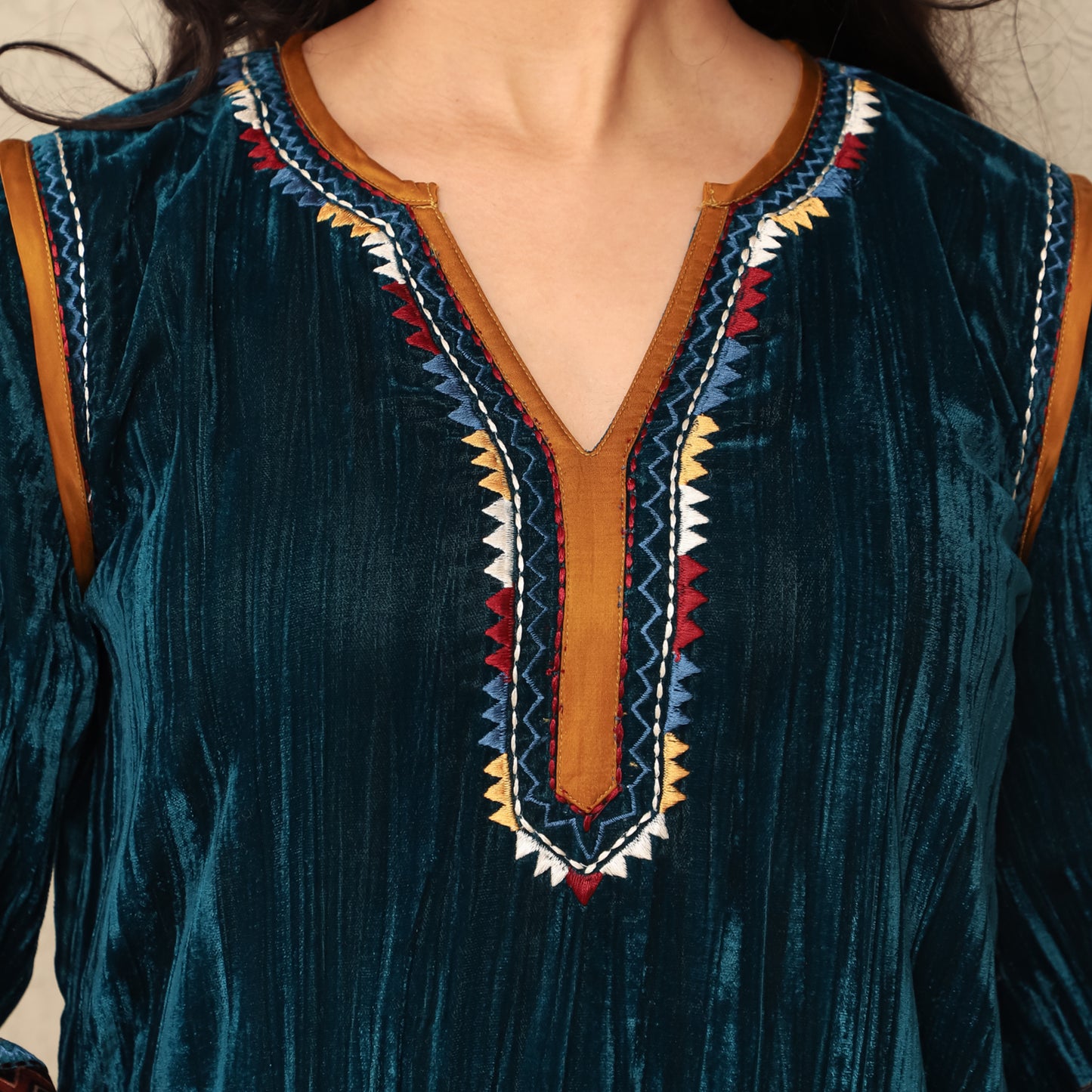 Teal Crushed Velvet Embroidered Kurta Set with Stripe Modal Silk Harem Pants