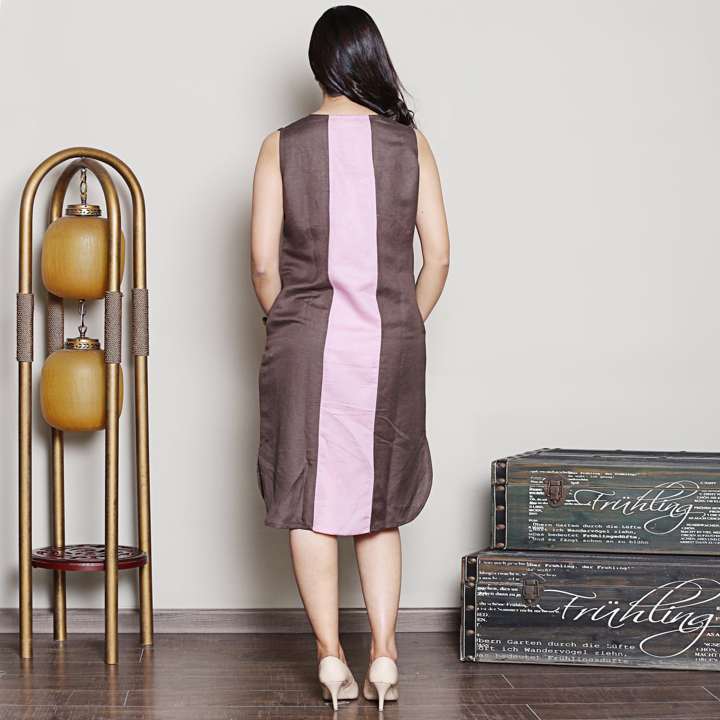 Brown & Pink Colour block knee-length dress