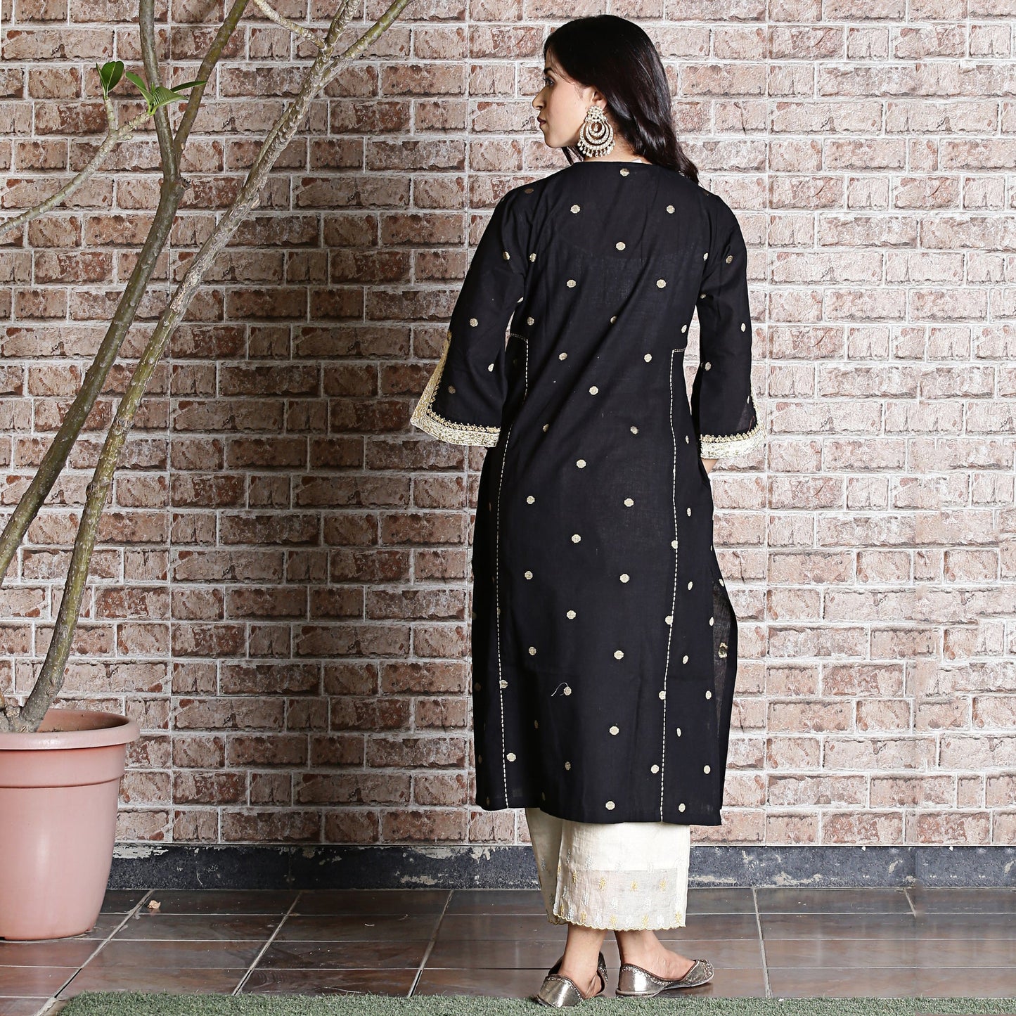 Black cotton jamdani A-line embroidered kurta.