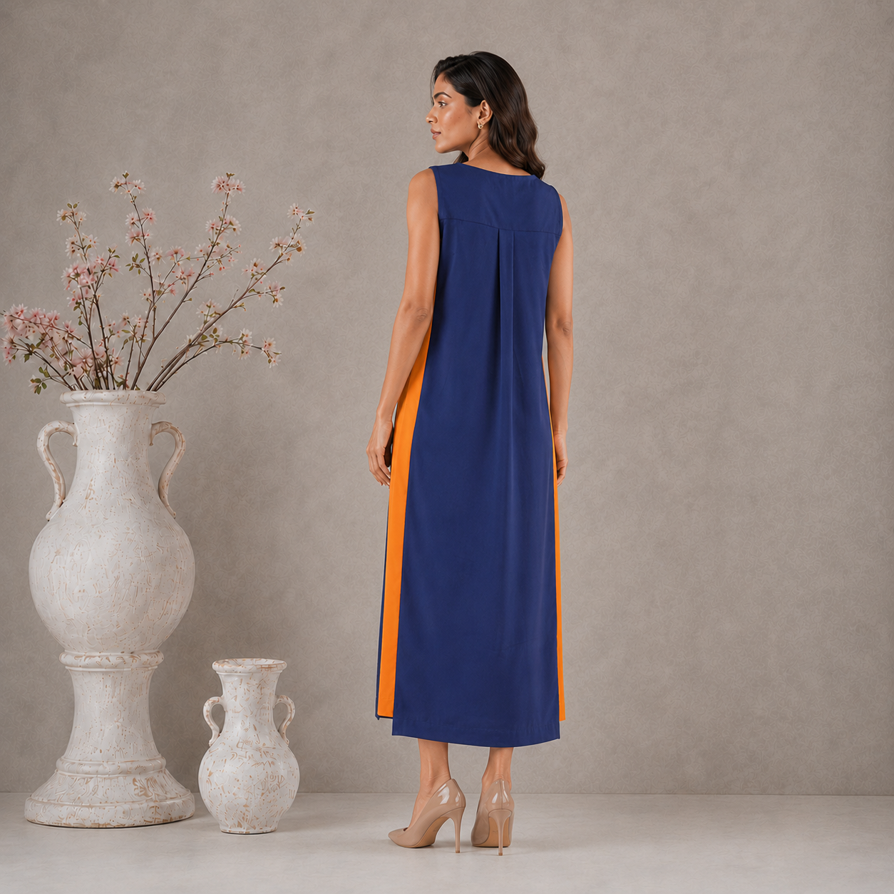 Navy Blue and Orange Colorblocked Panel dress