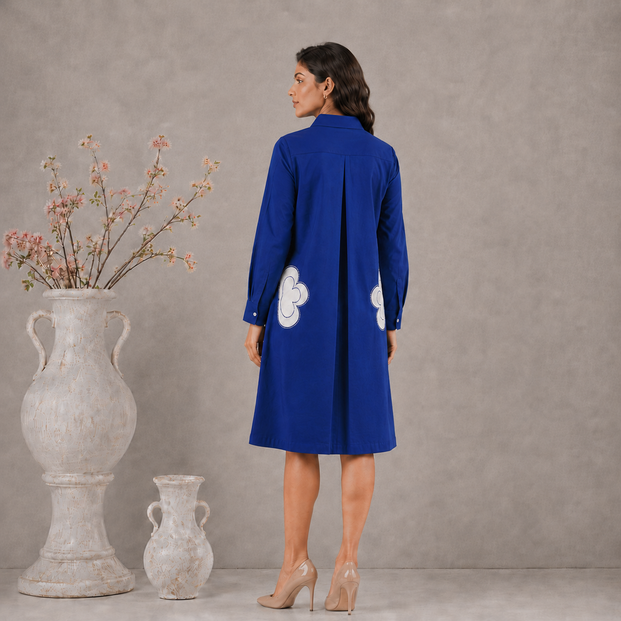 Royal Blue Cotton Shirt Dress with White Flower Applique and Pockets