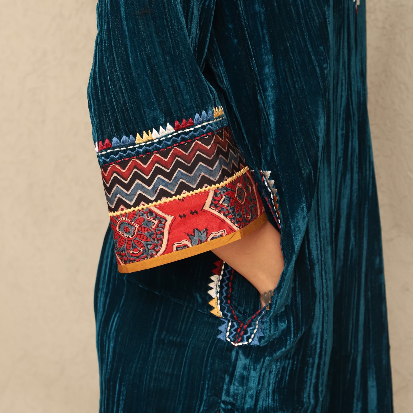 Teal Crushed Velvet Embroidered Kurta Set with Stripe Modal Silk Harem Pants
