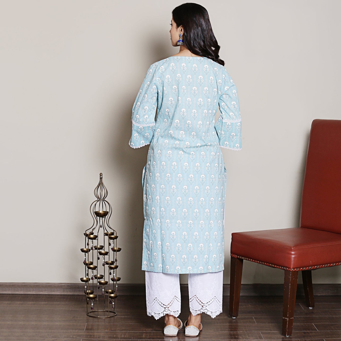 Blue printed kurta with embroidery