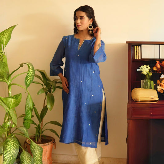 Blue Sequin-Embellished Chanderi Kurta