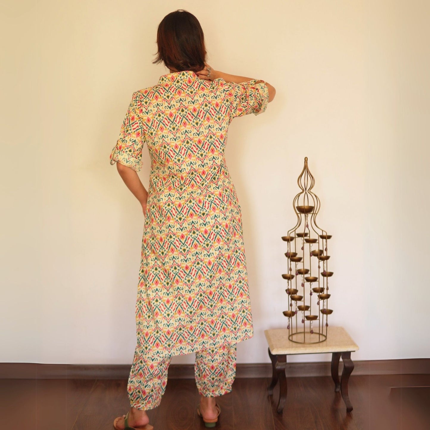 Multicoloured Ikat printed Kurta with Afghani Salwar
