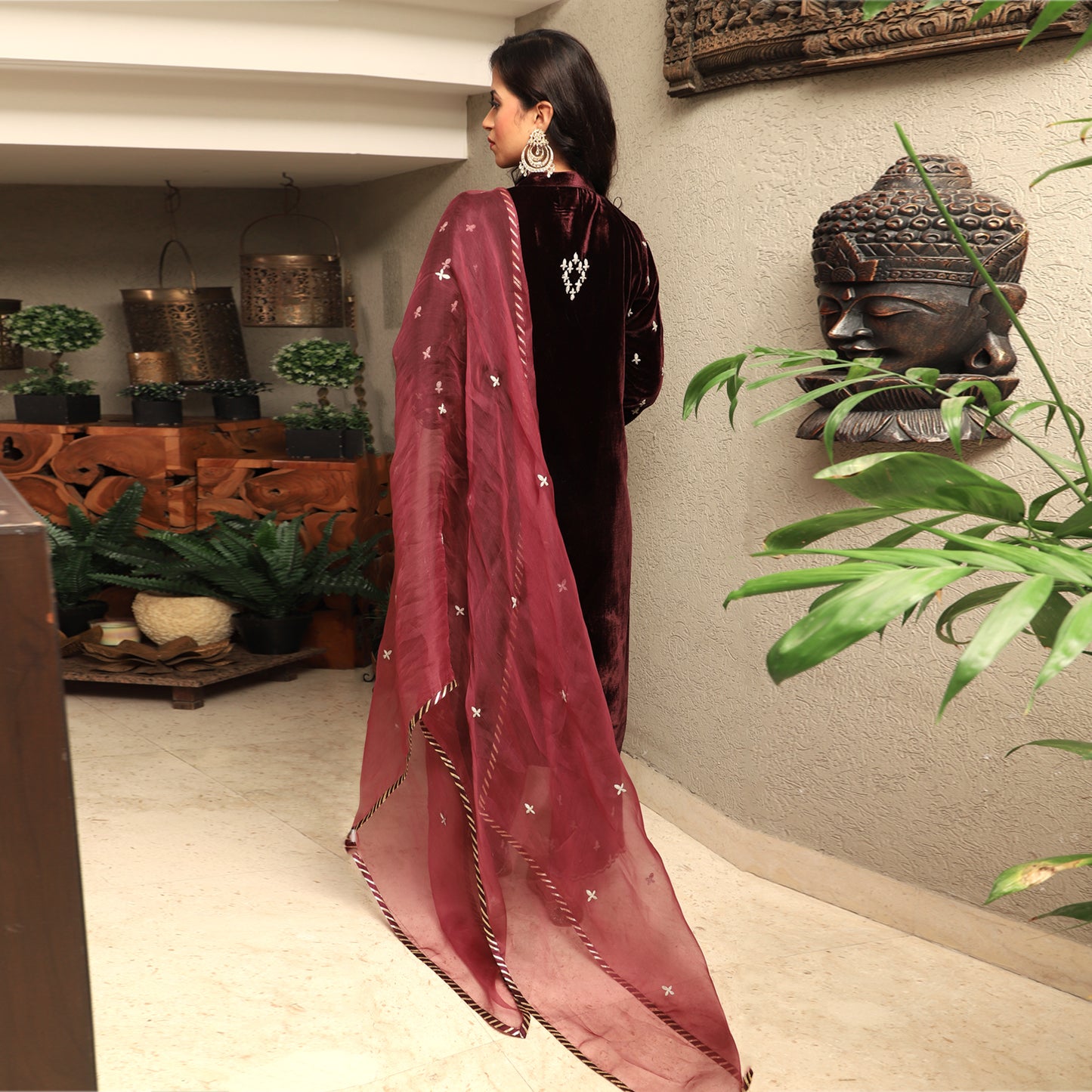 Wine Embroidered Silk Velvet Kurta Set with Mashru Silk Pants & Organza Dupatta