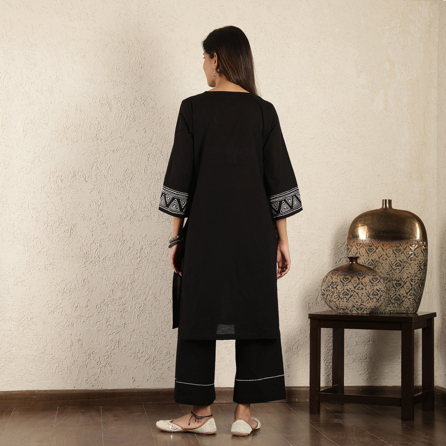 Black Kantha Embroidered Cotton Linen Suit Set