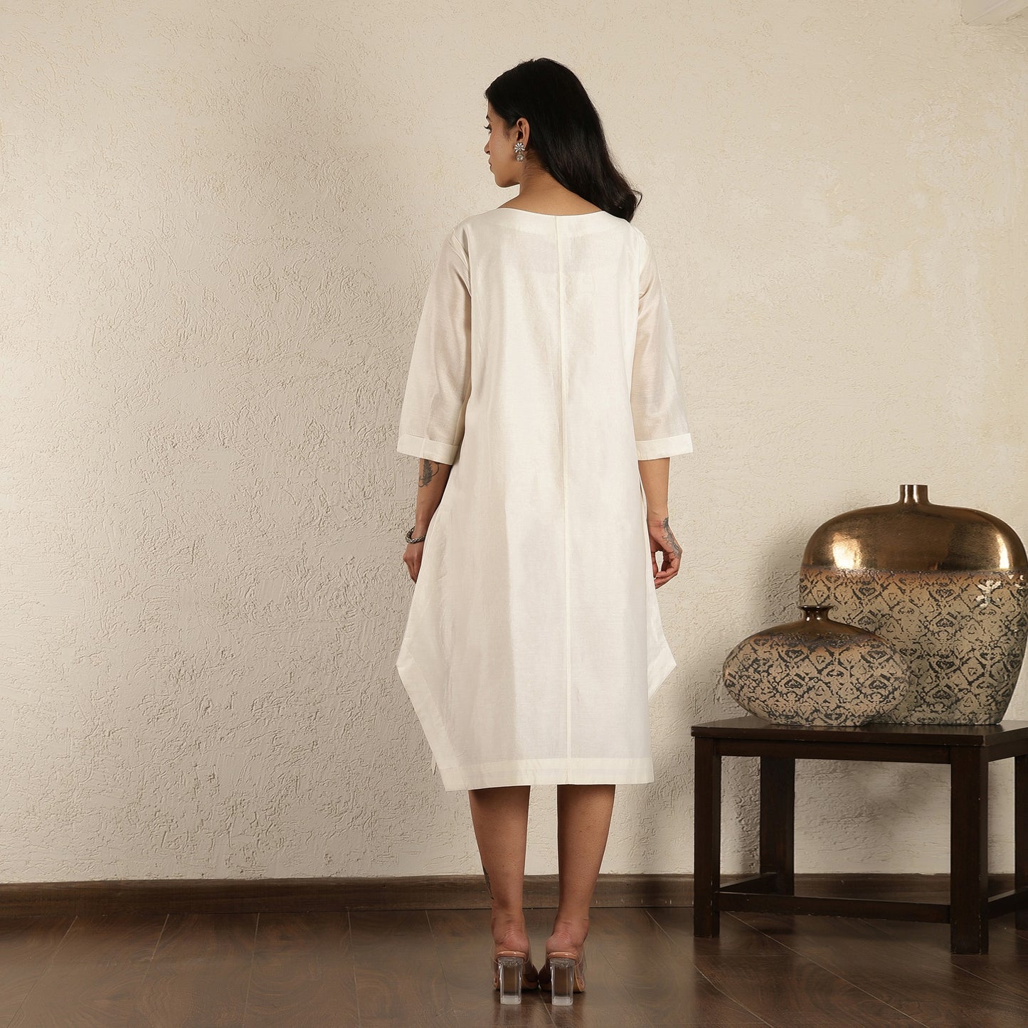 Off White Chanderi Silk Applique dress