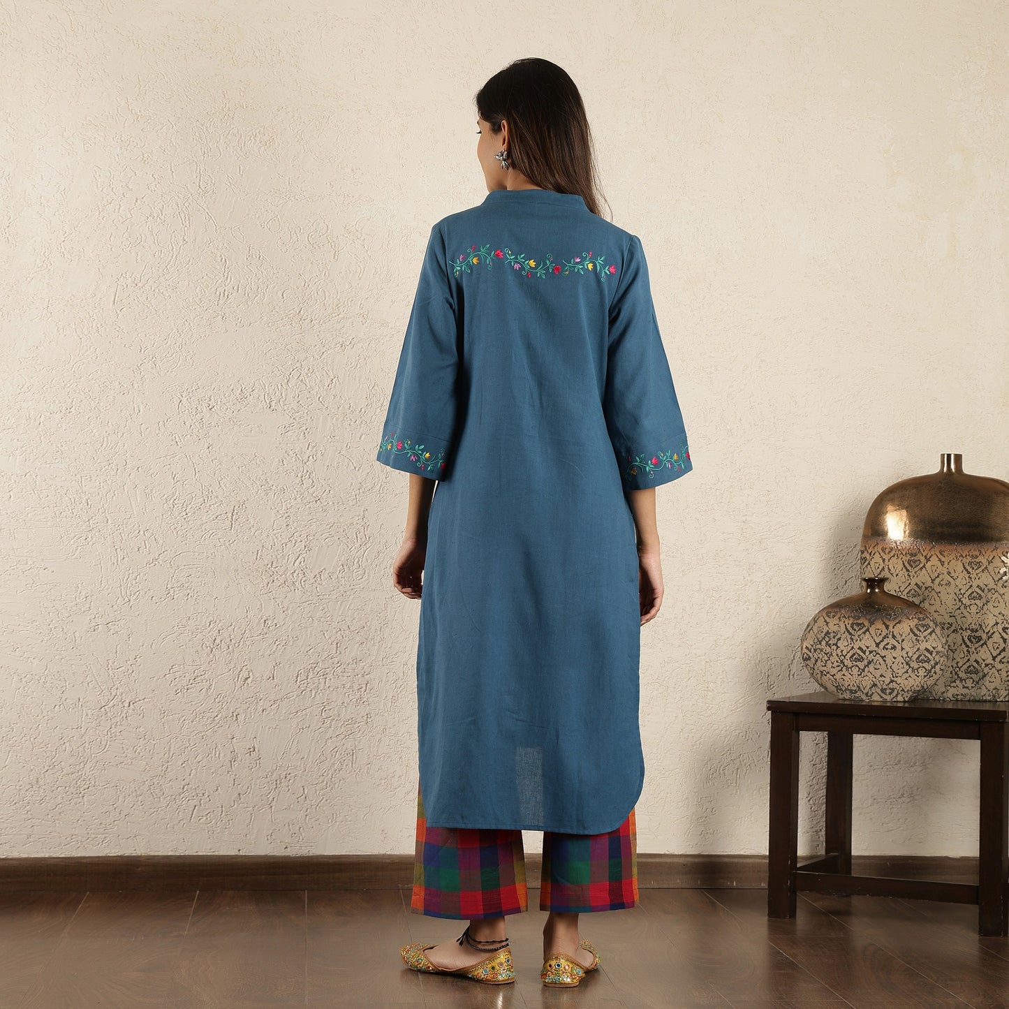 Blue embroidered Suit Set with Checked Trousers