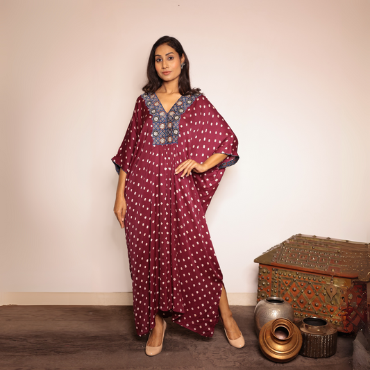 Wine Bandhani Modal Silk Kaftan